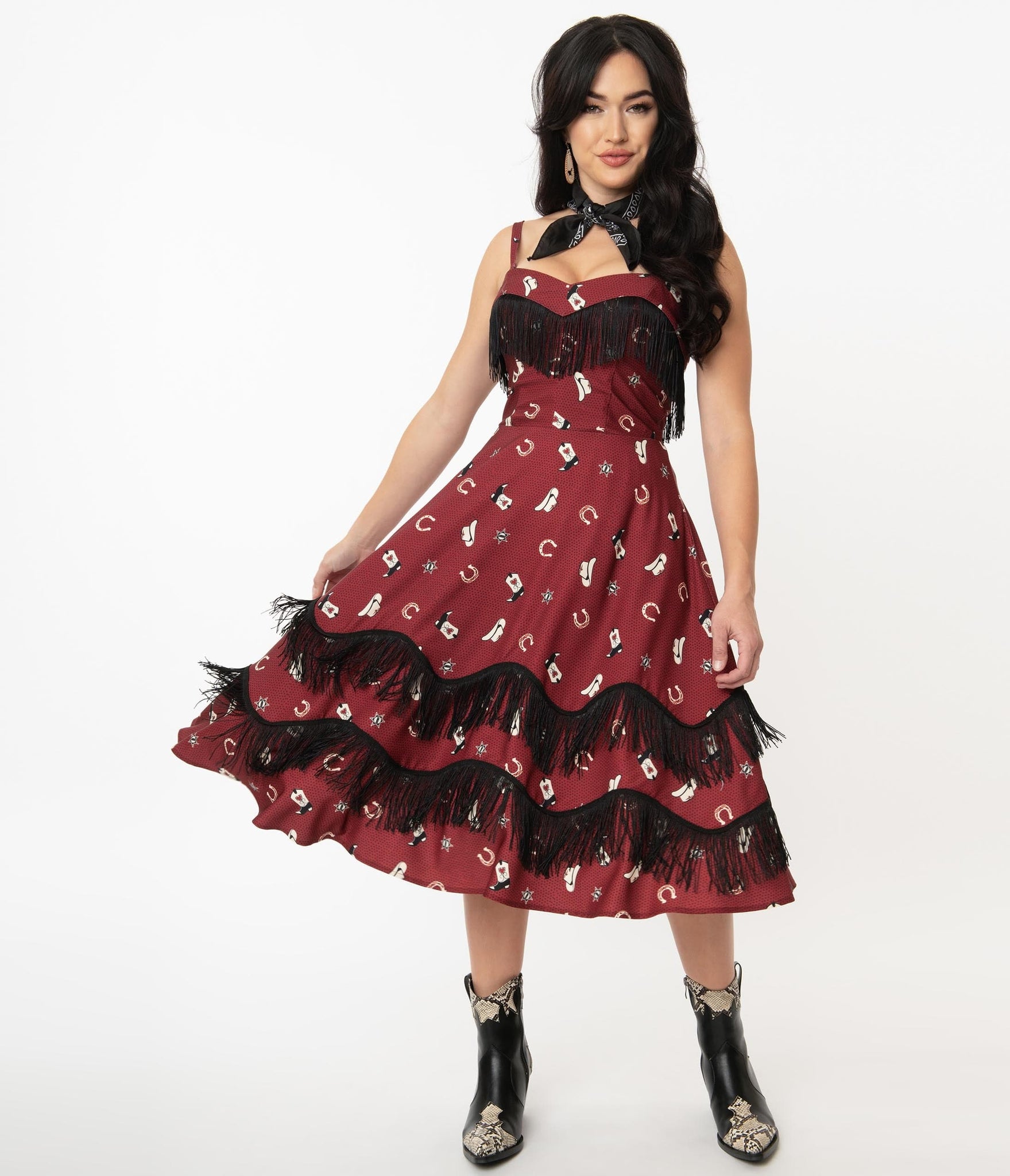 Unique Vintage Burgundy Cowgirl Print Girlie Swing Dress