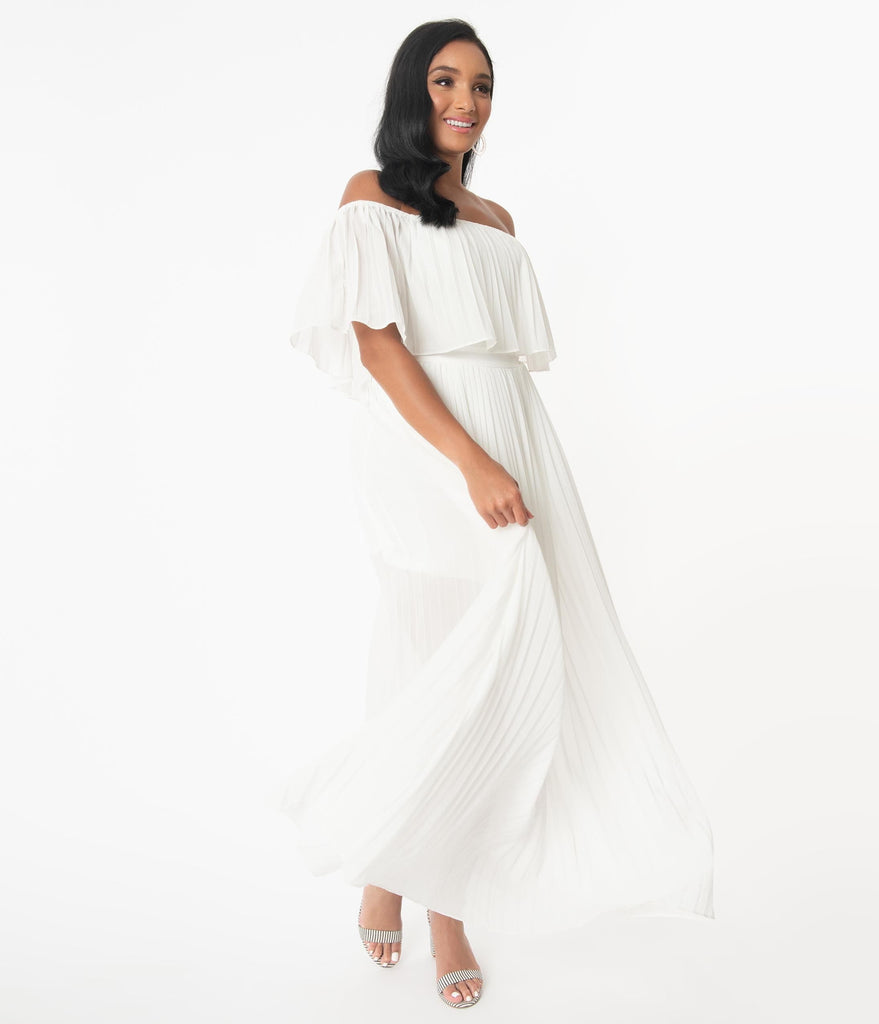 off the shoulder pleated maxi dress