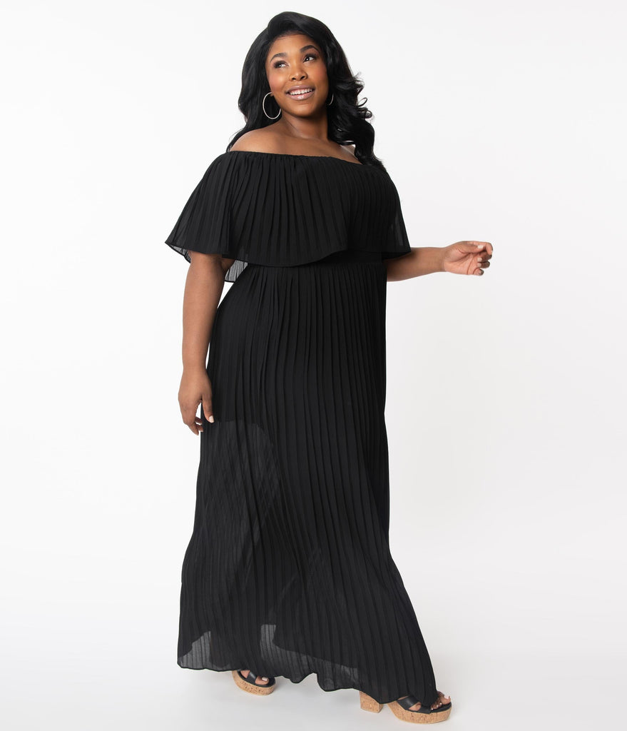 Black Off Shoulder Pleated Maxi Dress 