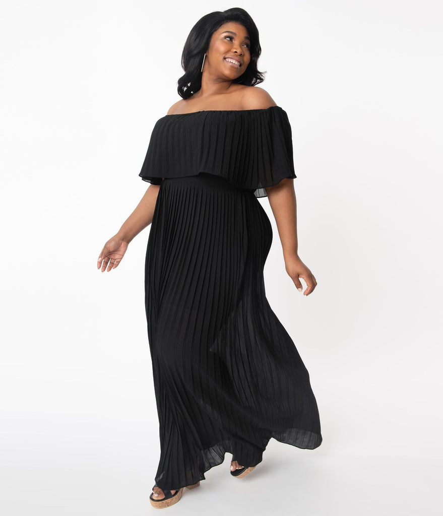 off shoulder pleated maxi dress