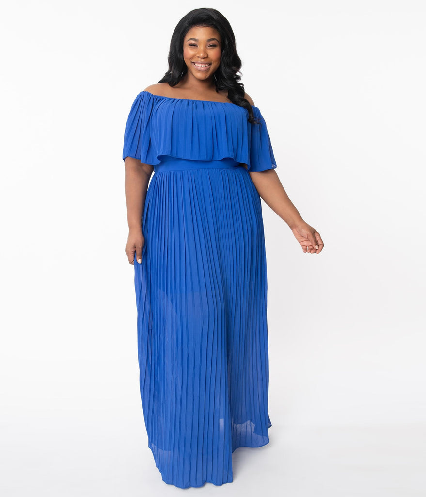 off the shoulder pleated maxi dress