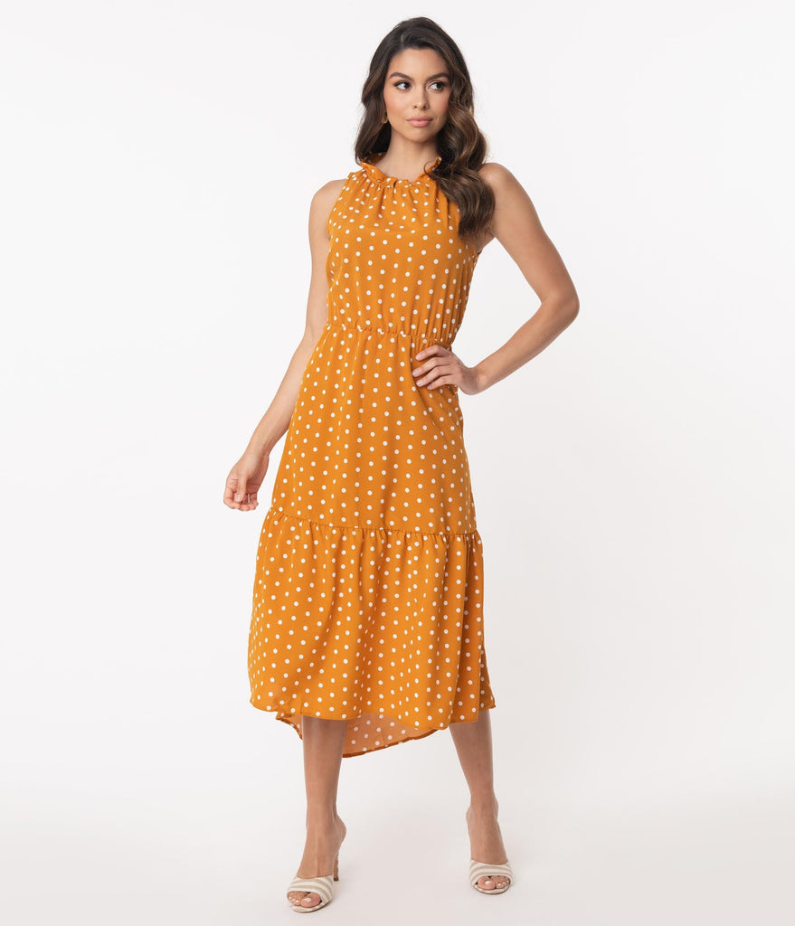 mustard and white polka dot dress