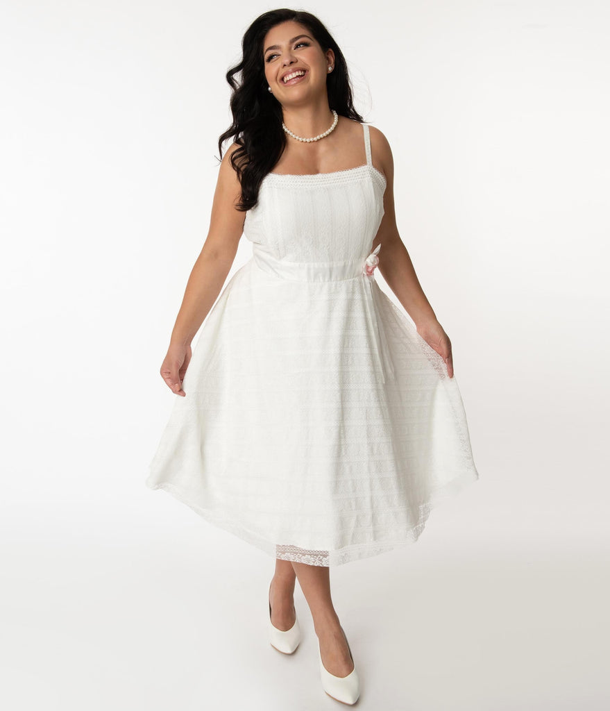 Grease x Unique Vintage Plus Size White Lace Simcox Swing Dress