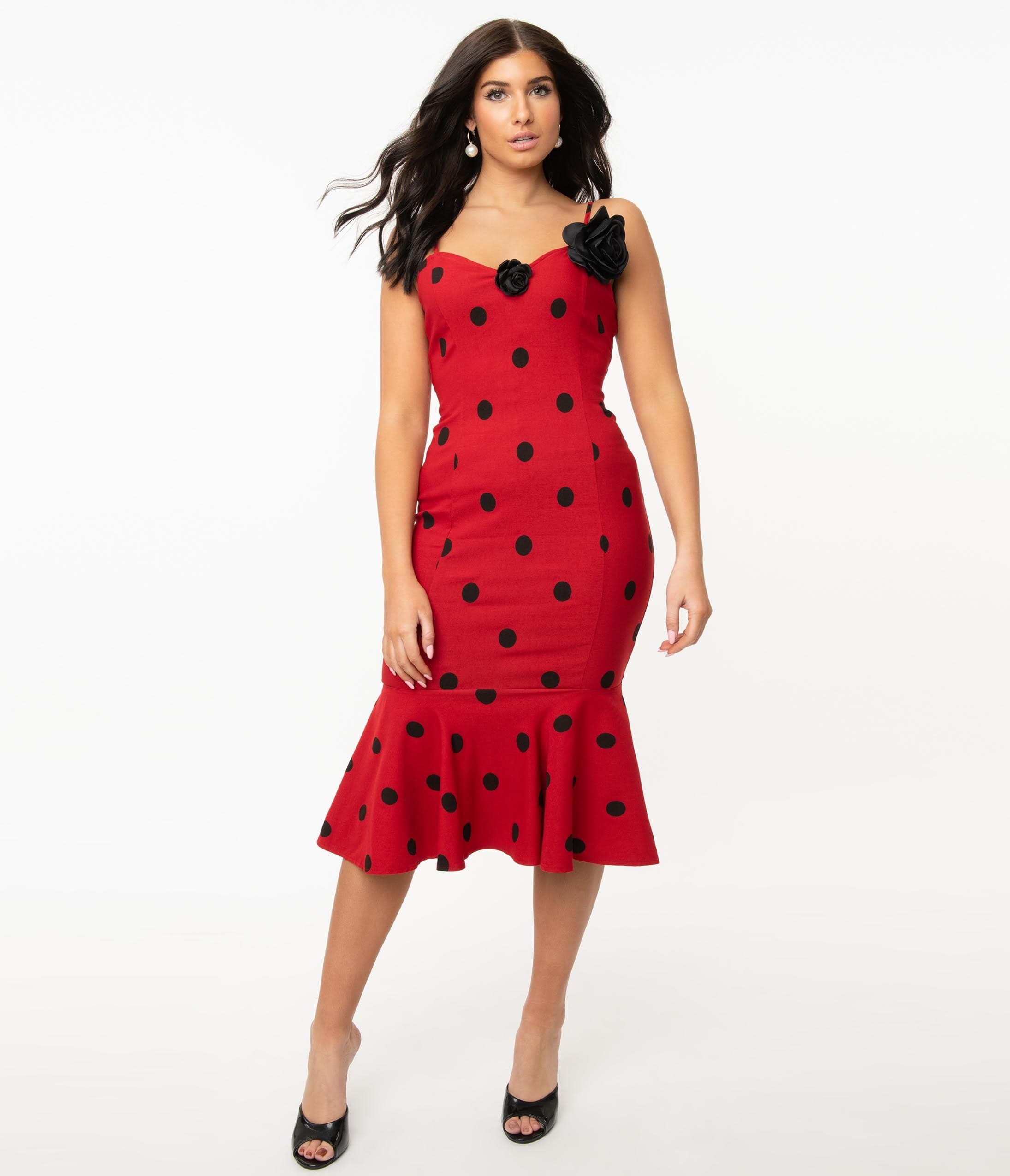 

Grease X Unique Vintage Red & Black Polka Dot Rizzo Wiggle Dress