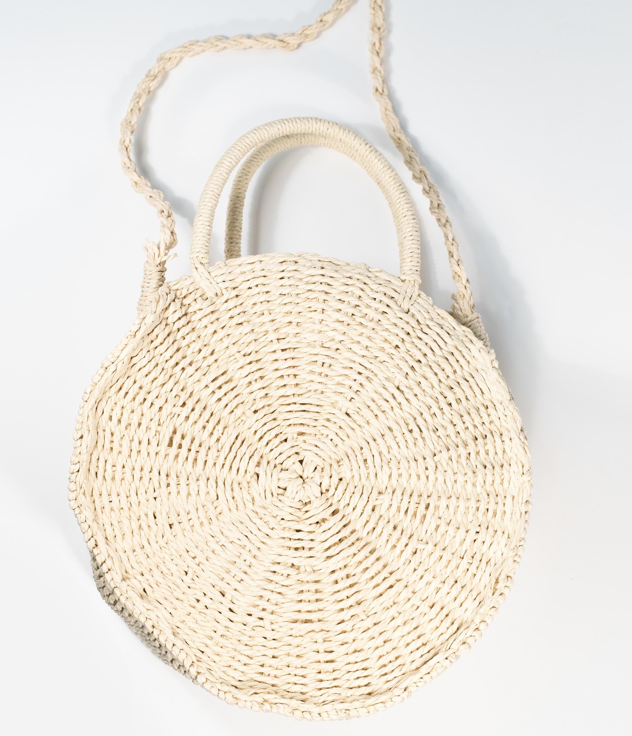 tan round woven purse