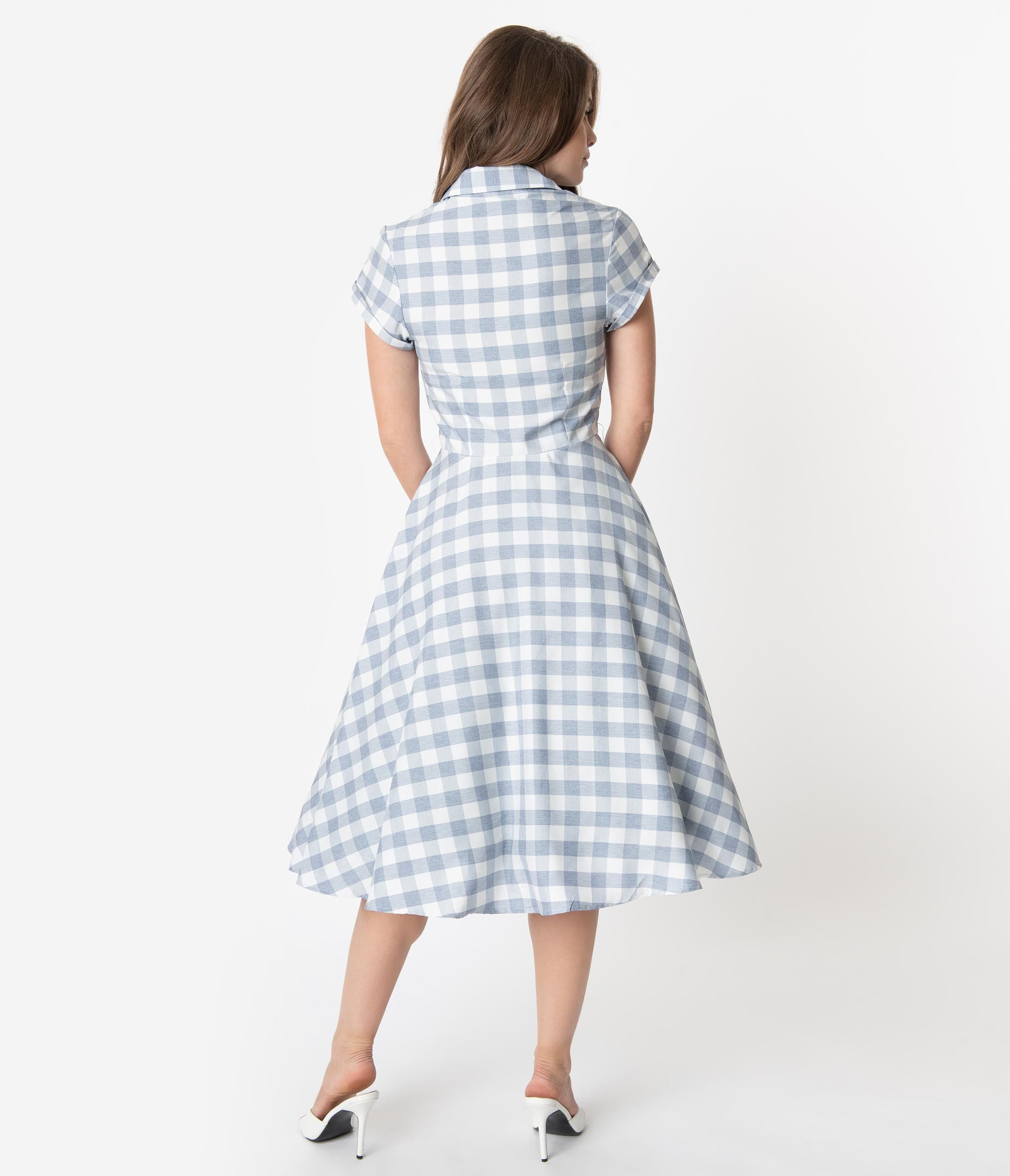 white and blue gingham dress