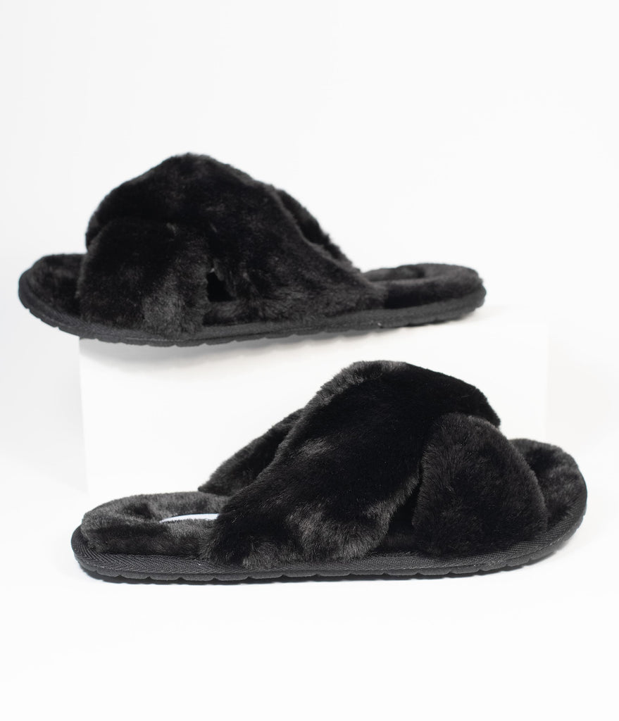 fuzzy cross strap slippers