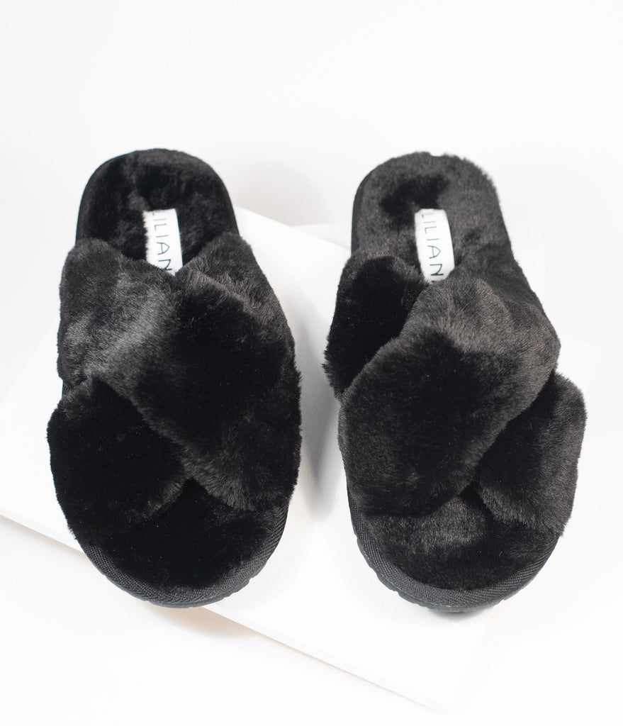 fuzzy cross strap slippers