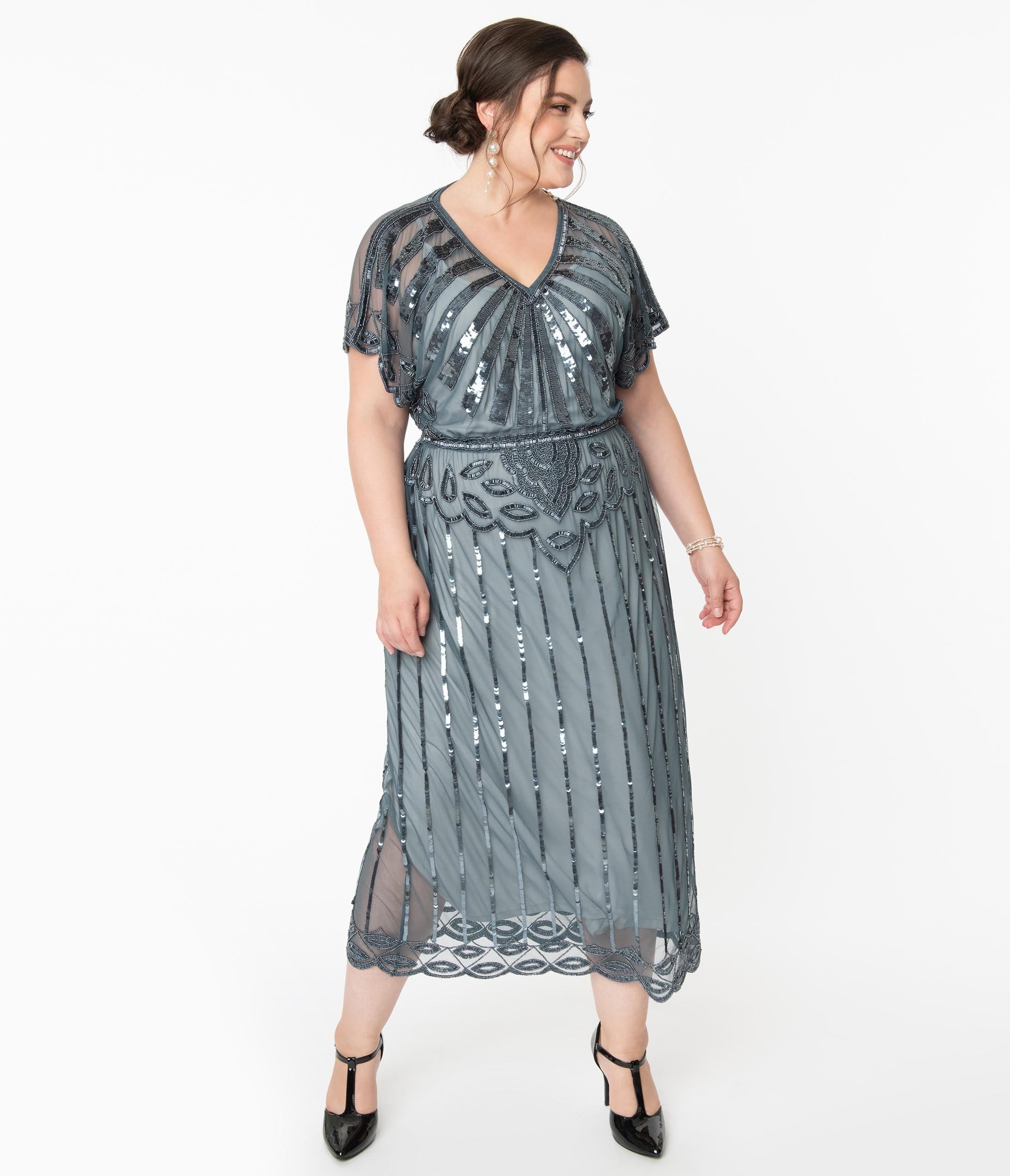 Plus Size 1920s Blue Grey Beaded Deco Angelina Maxi Flapper Dress