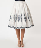 Unique Vintage White & Navy Eyelet Border Gellar Swing Skirt