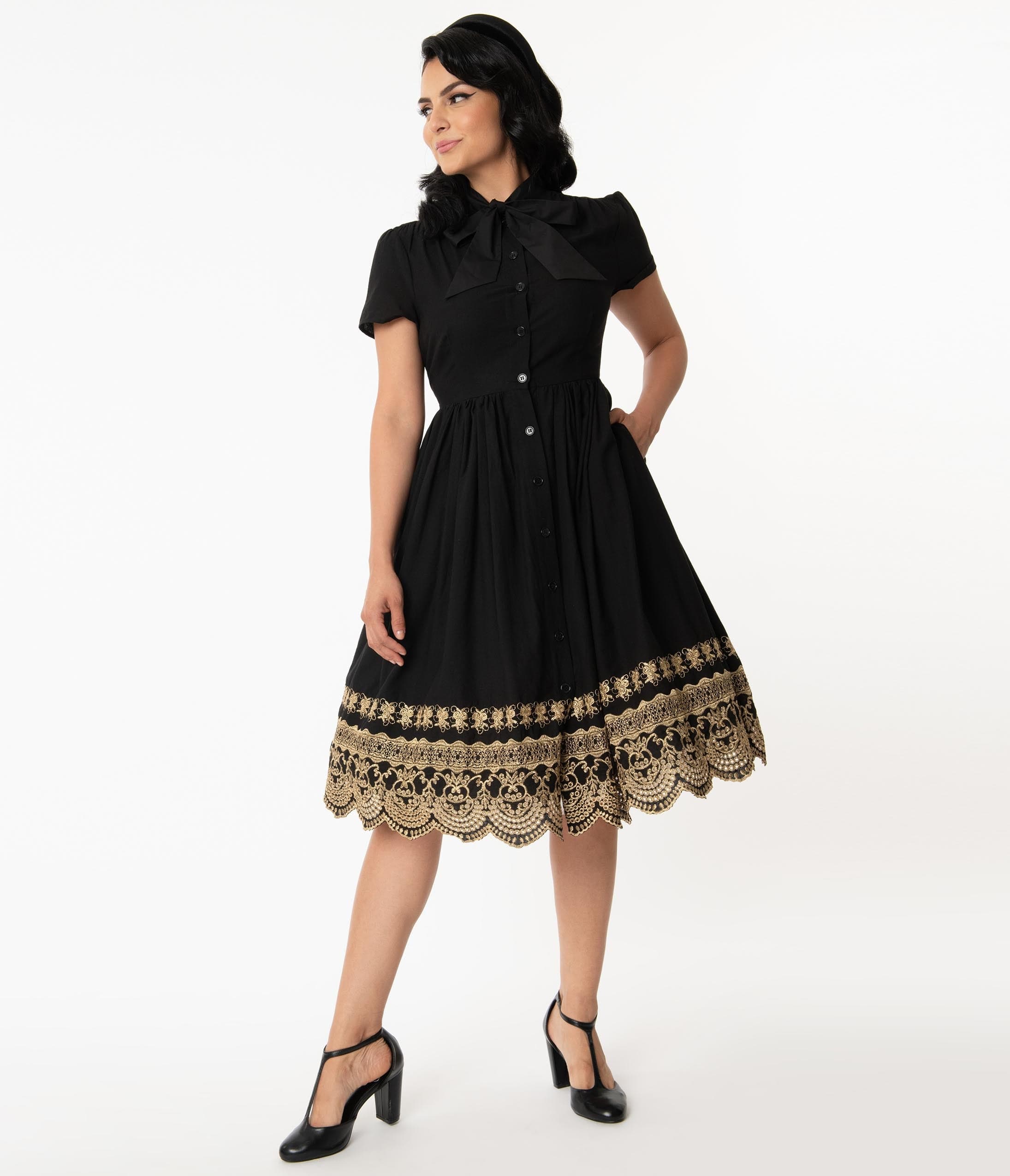 

Unique Vintage Black & Gold Eyelet Border Cora Swing Dress