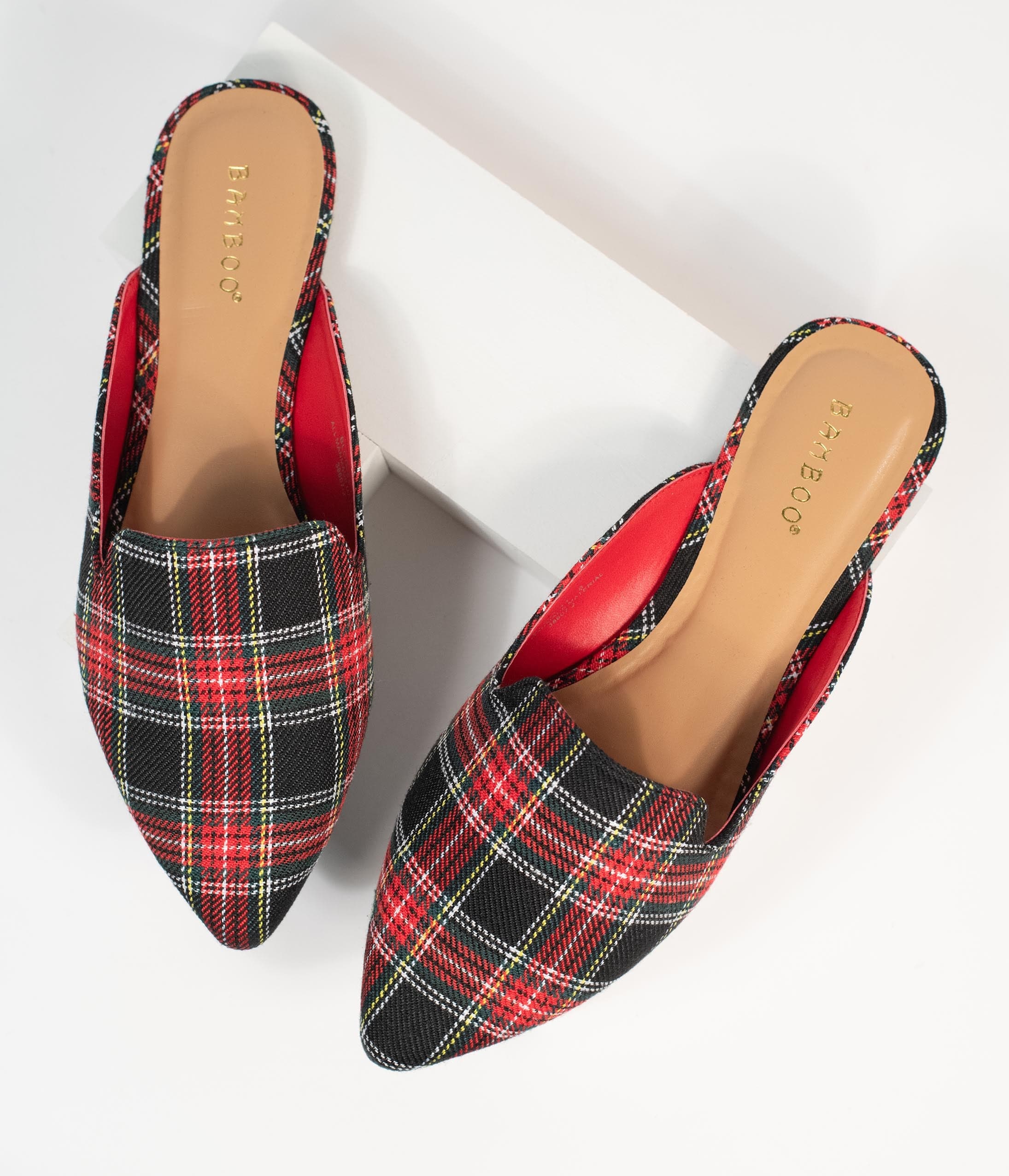 Red \u0026 Black Plaid Fabric Mules – Unique 