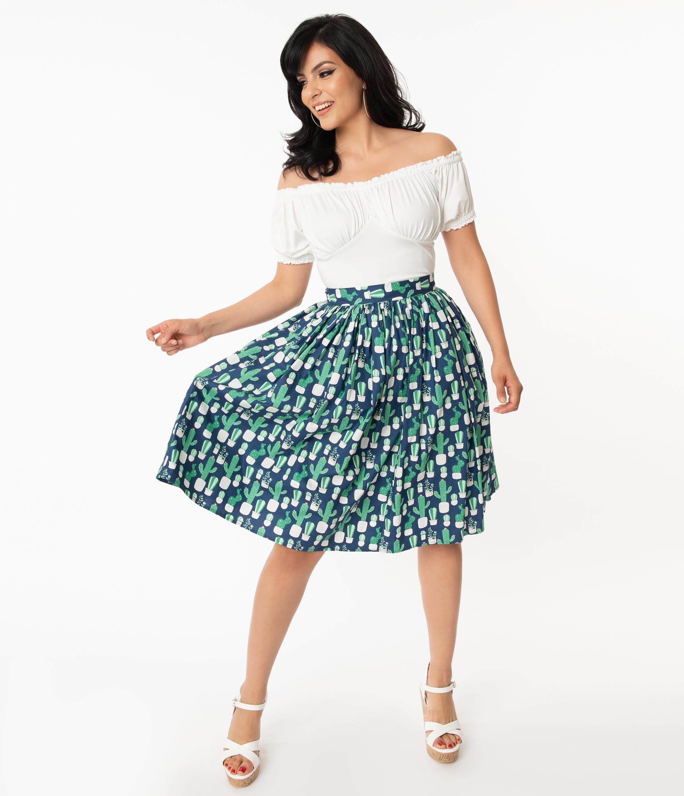 

Unique Vintage Potted Cactus Print Swing Skirt