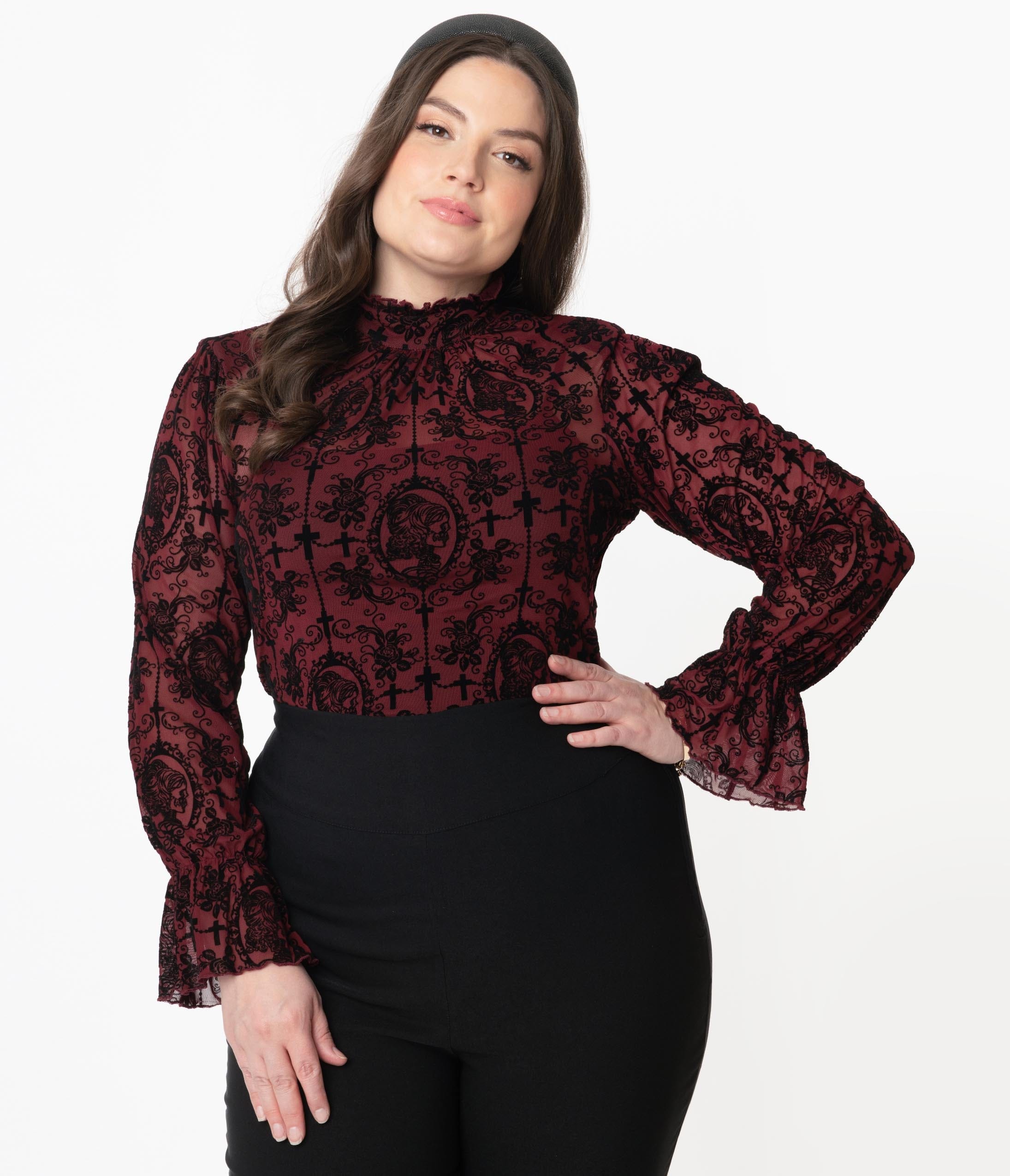 

Unique Vintage Plus Size Burgundy & Black La Catrina Velvet Burnout Donna Blouse