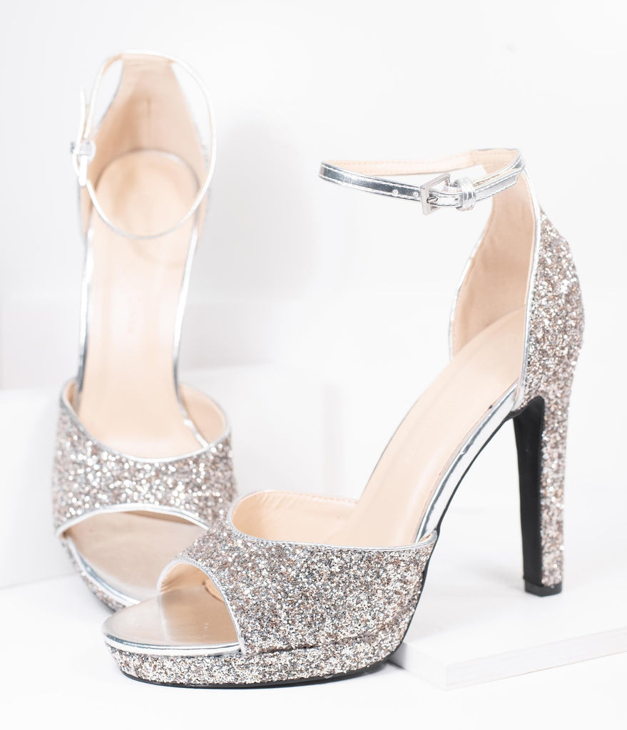 silver glitter high heels