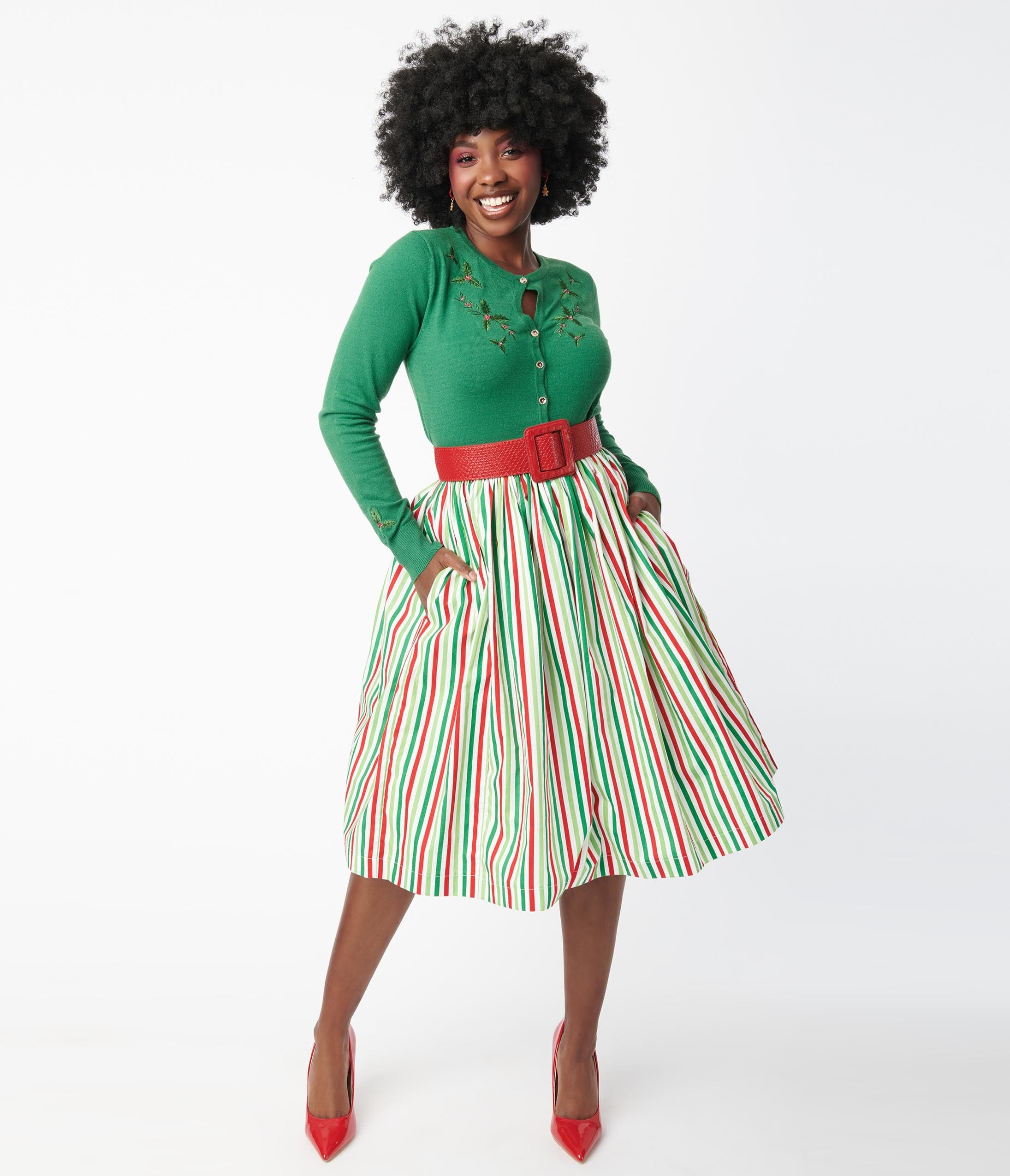 

Magnolia Place Red & Green Holiday Stripe Print Gathered Swing Skirt