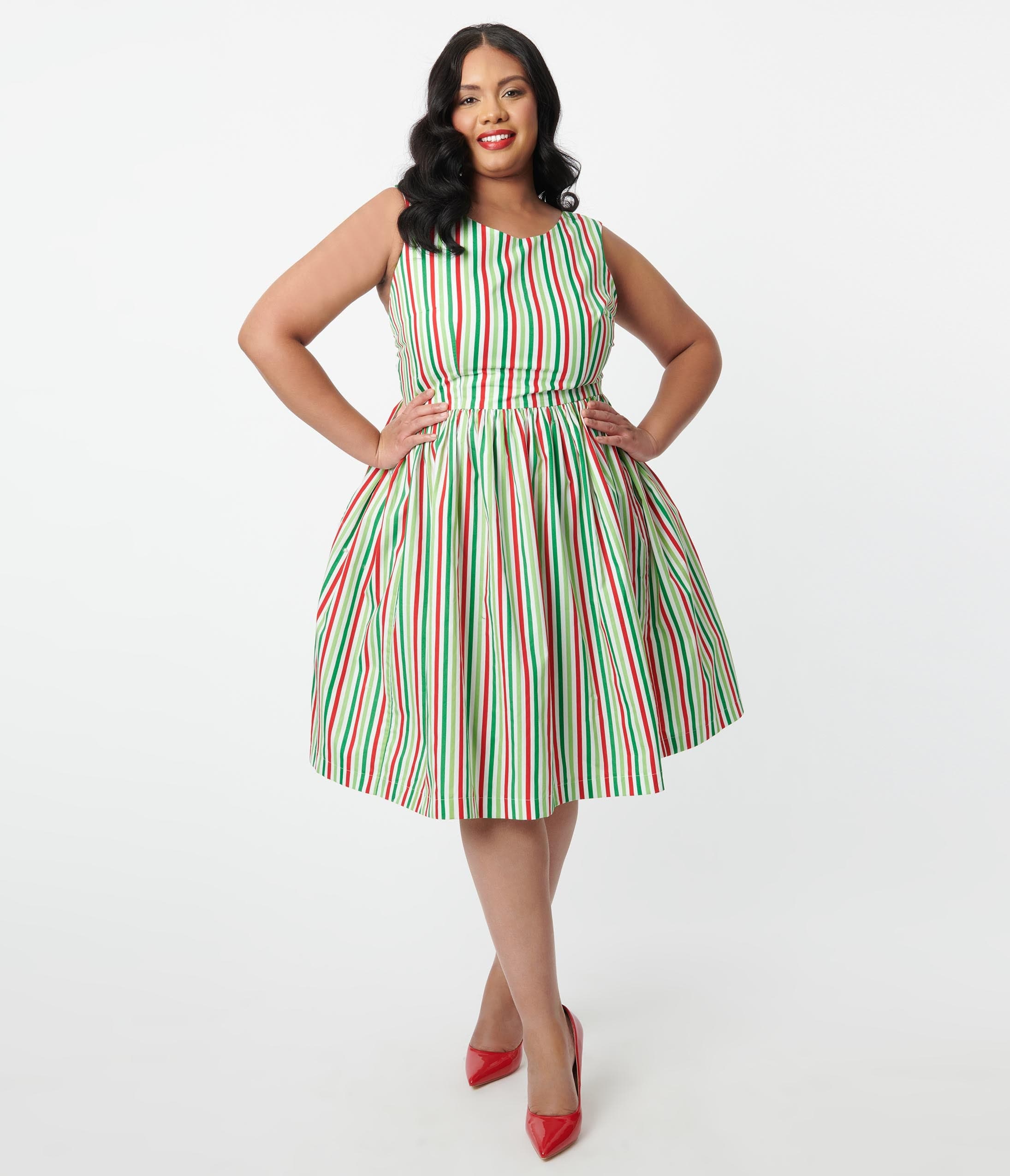 

Magnolia Place Plus Size Red & Green Holiday Stripe Print Belle Swing Dress