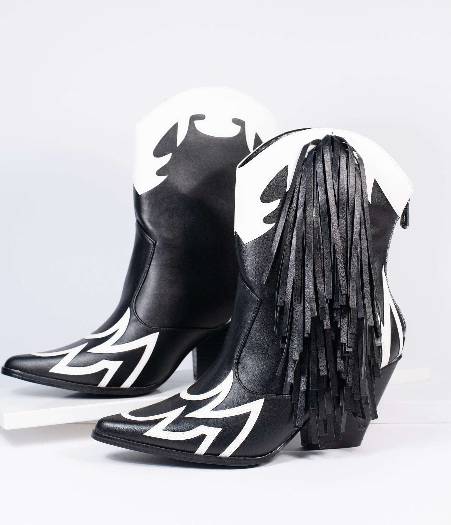 Black & White Leatherette Fringe Cowboy Boots