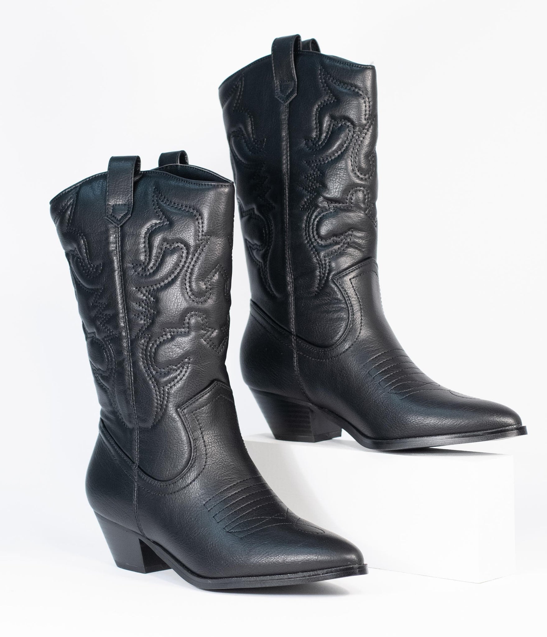 Black Leatherette Western Cowboy Boots