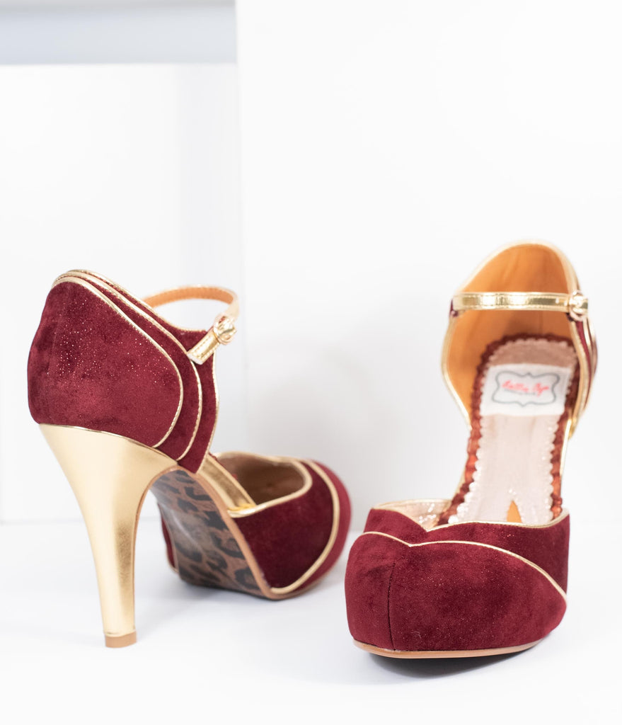 burgundy and gold high heels