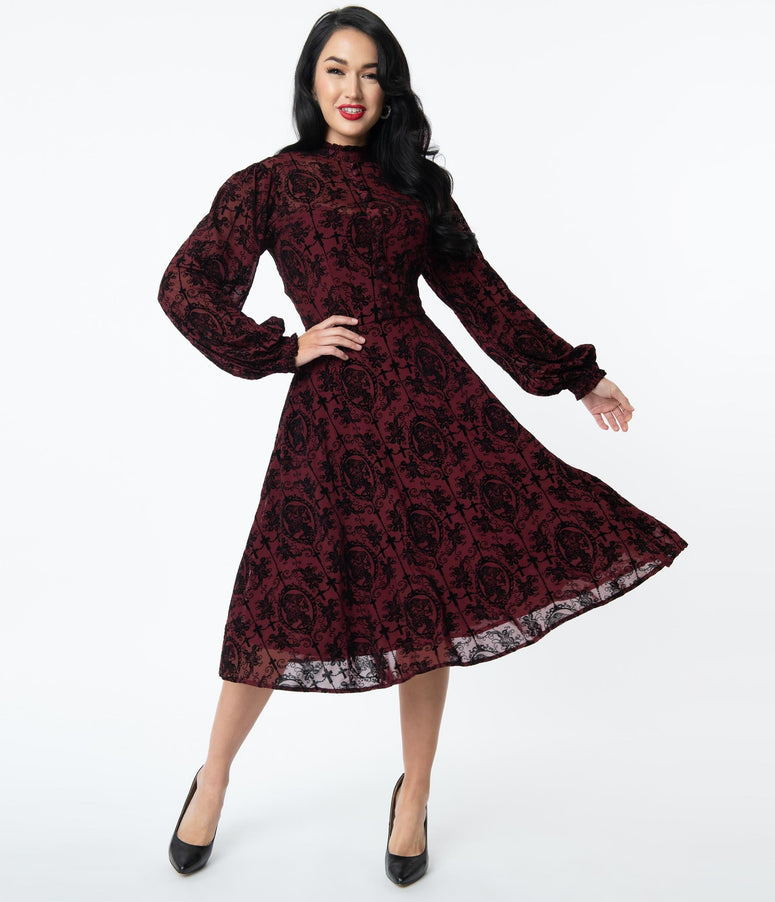 acwashingmachines 1950s Burgundy La Catrina Velvet Burnout Leota Swing Dress