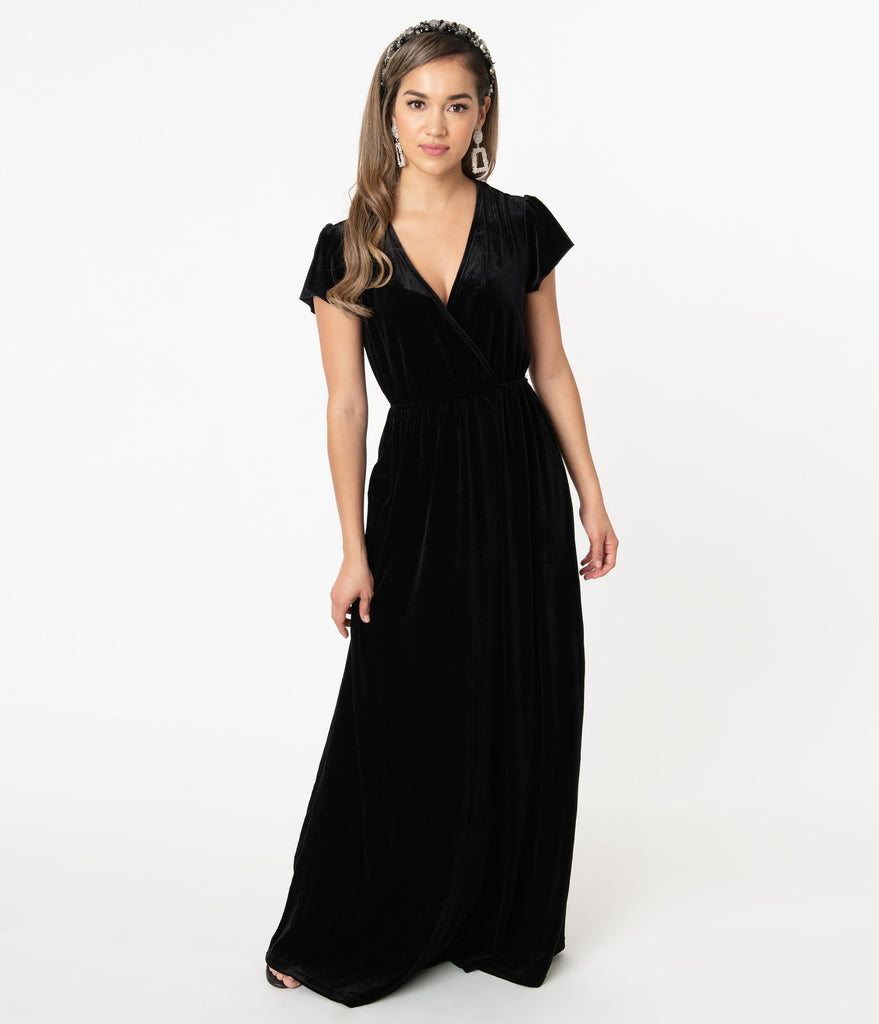 Black Velvet Short Sleeve Maxi Dress – Unique Vintage