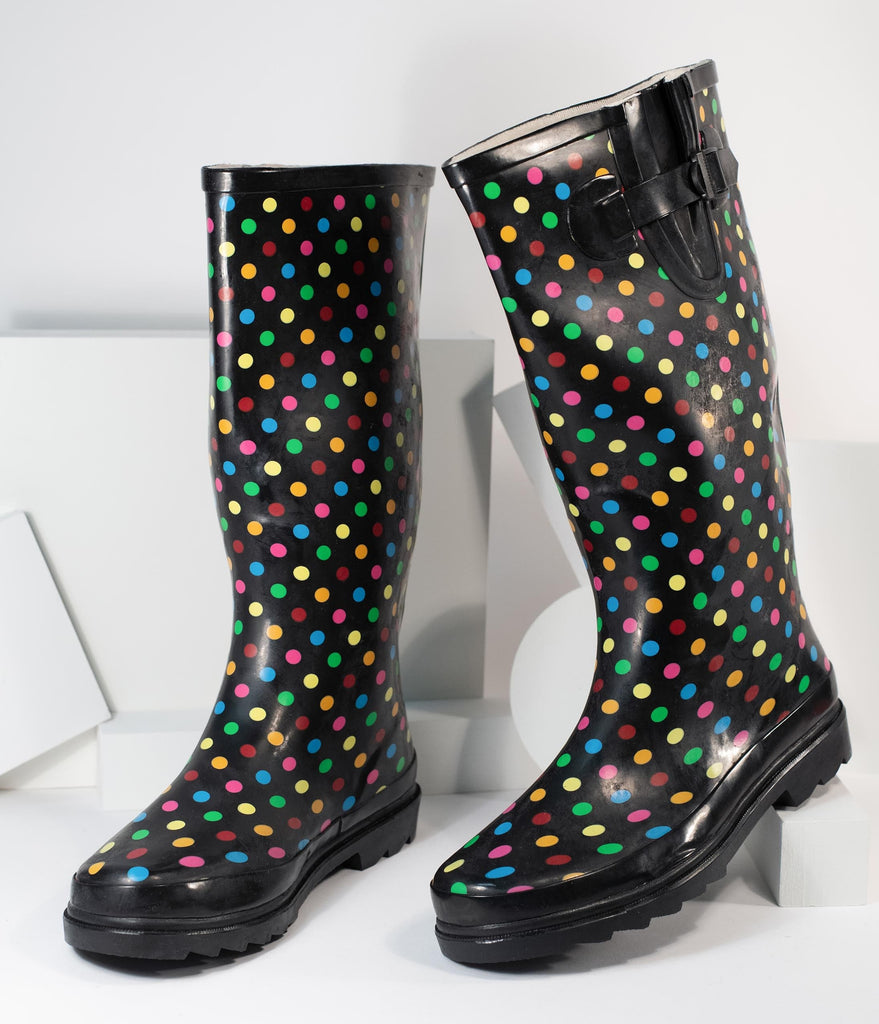 black polka dot rain boots