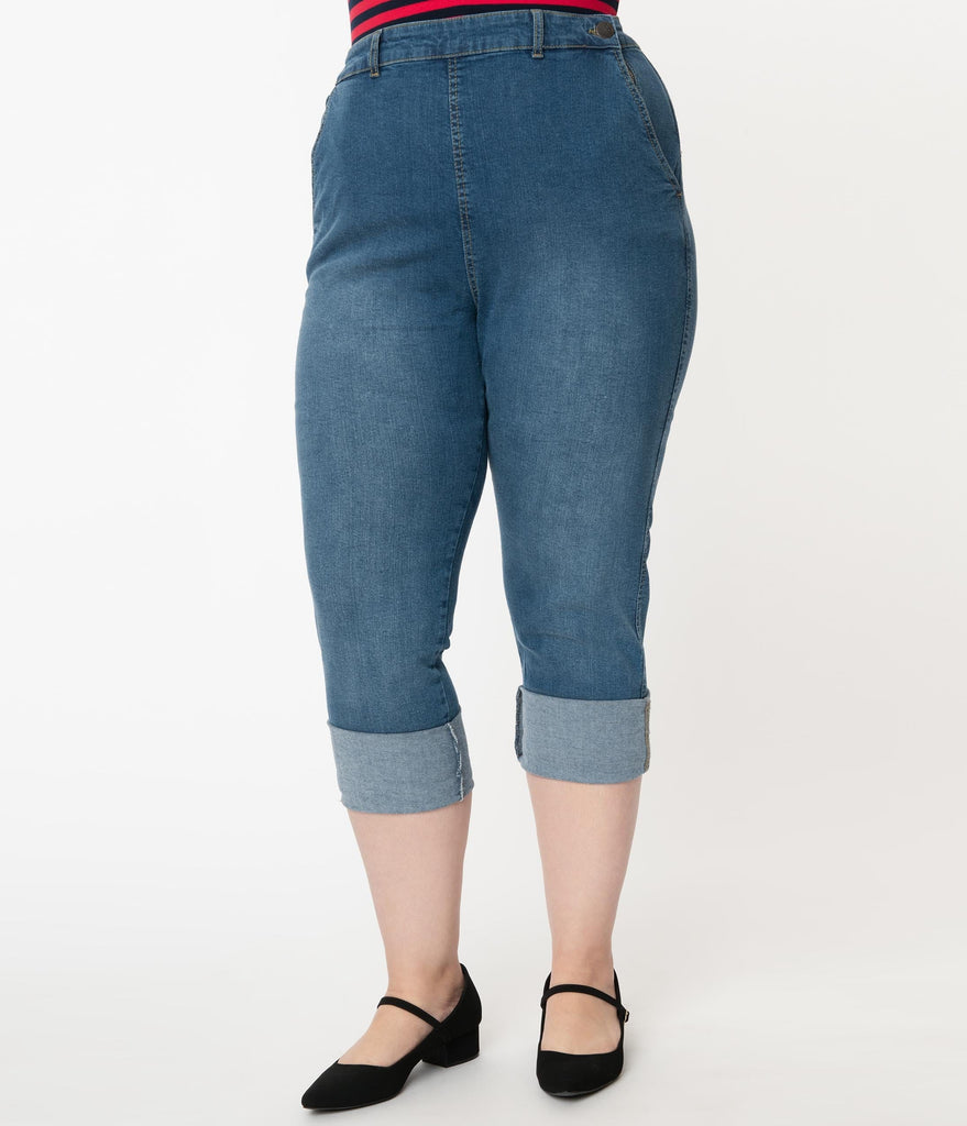 Hell Bunny Plus Size Blue Denim High Waist Jeans – Unique Vintage