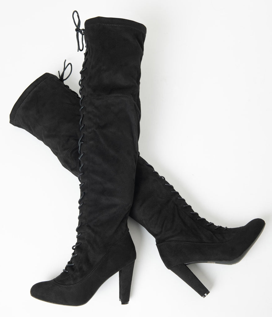black suede lace up knee high boots