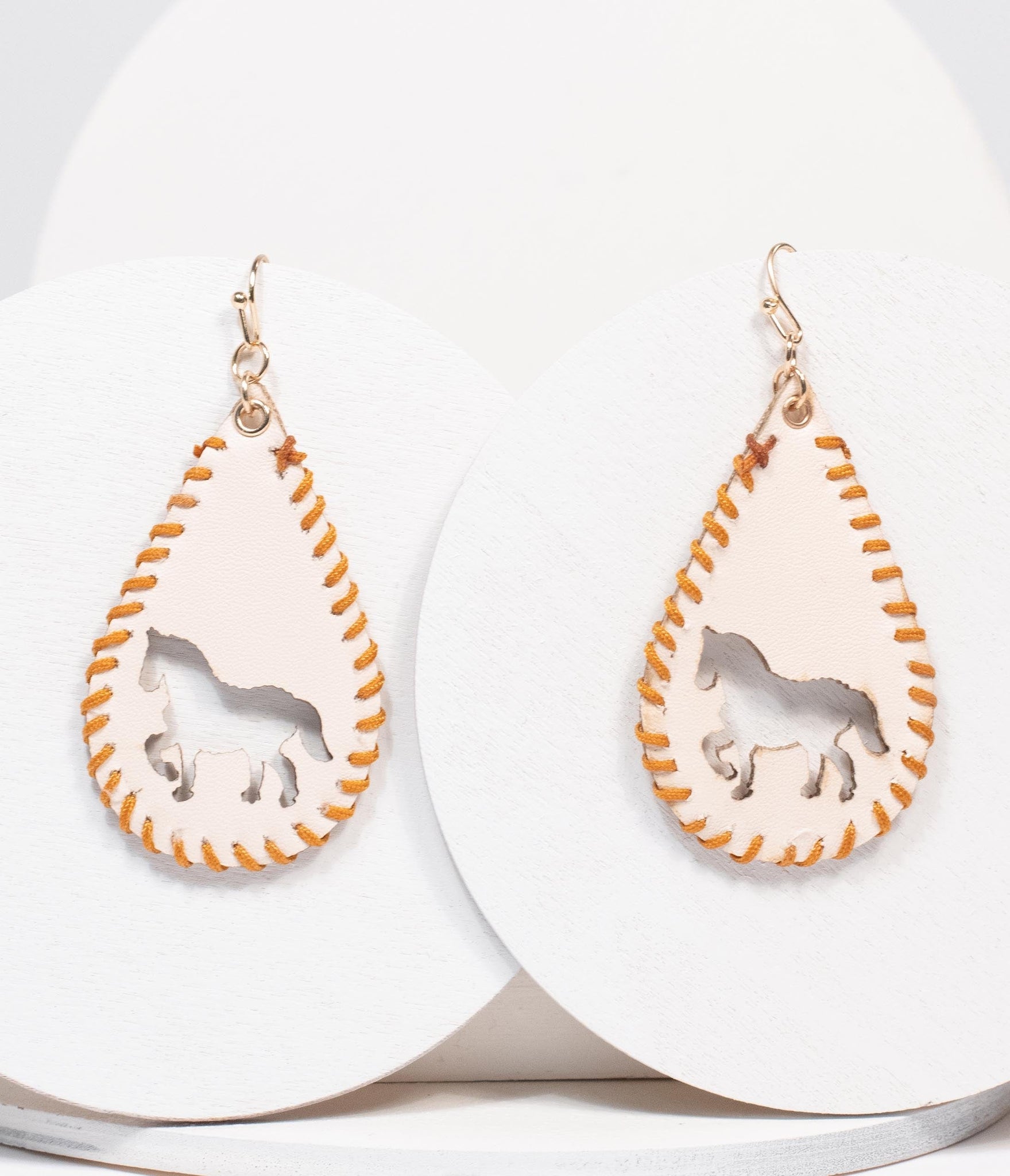 Cream Leatherette Horse Teardrop Earrings