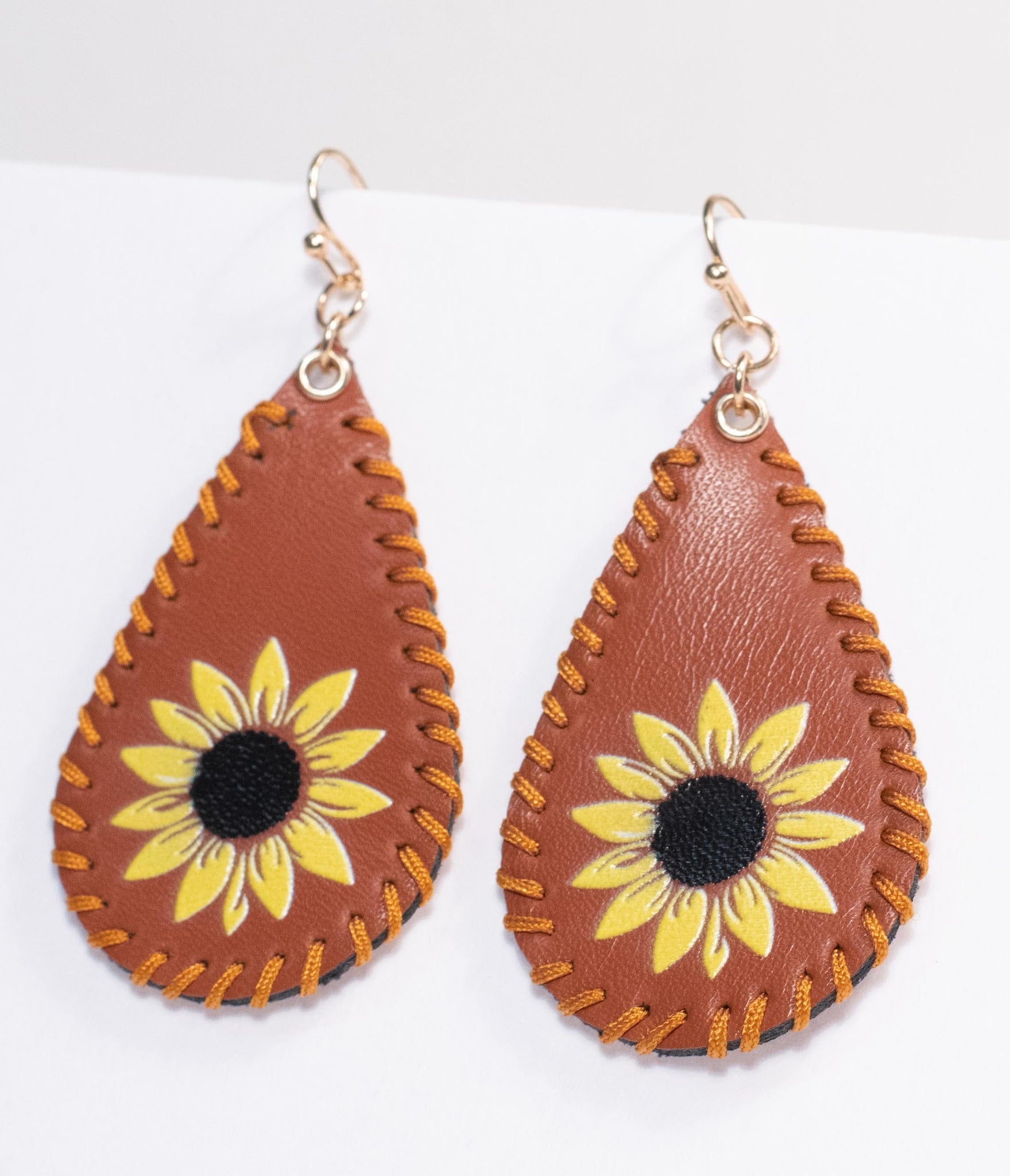 Brown Leatherette Sunflower Teardrop Earrings