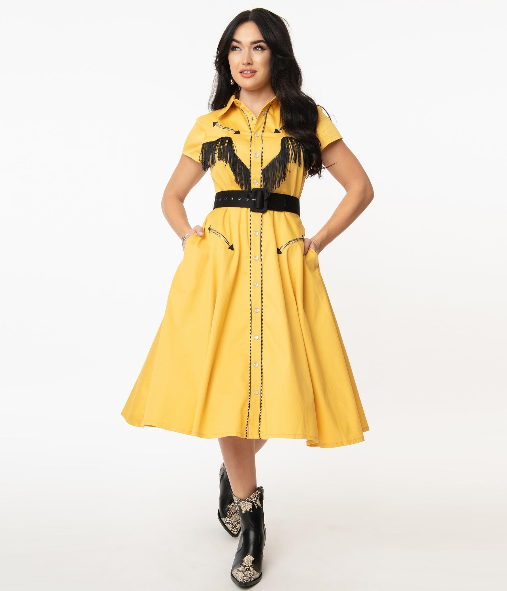 Unique Vintage 1950s Mustard Yellow Madeline Swing Dress