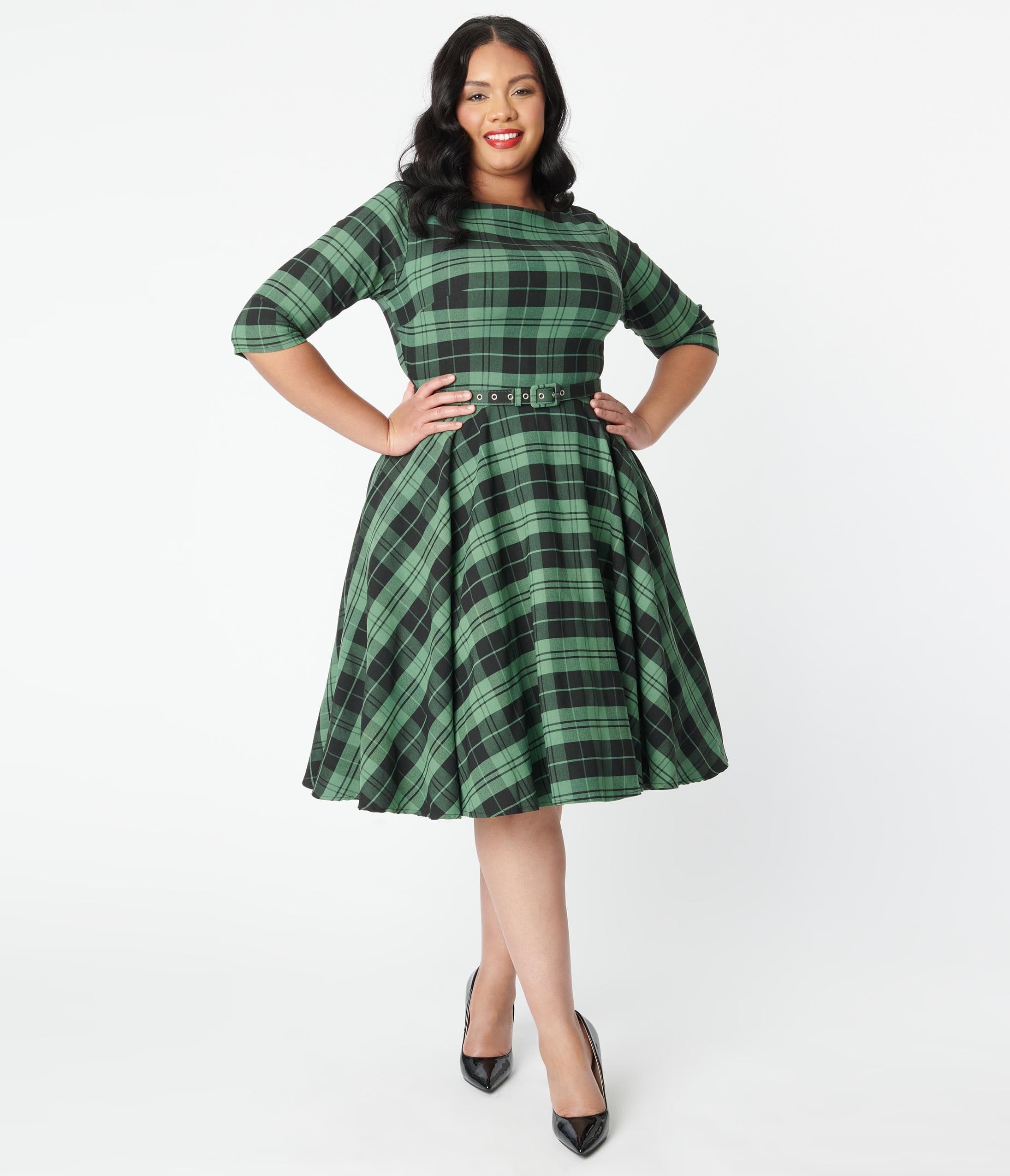 

Unique Vintage Plus Size Black & Green Plaid Devon Swing Dress