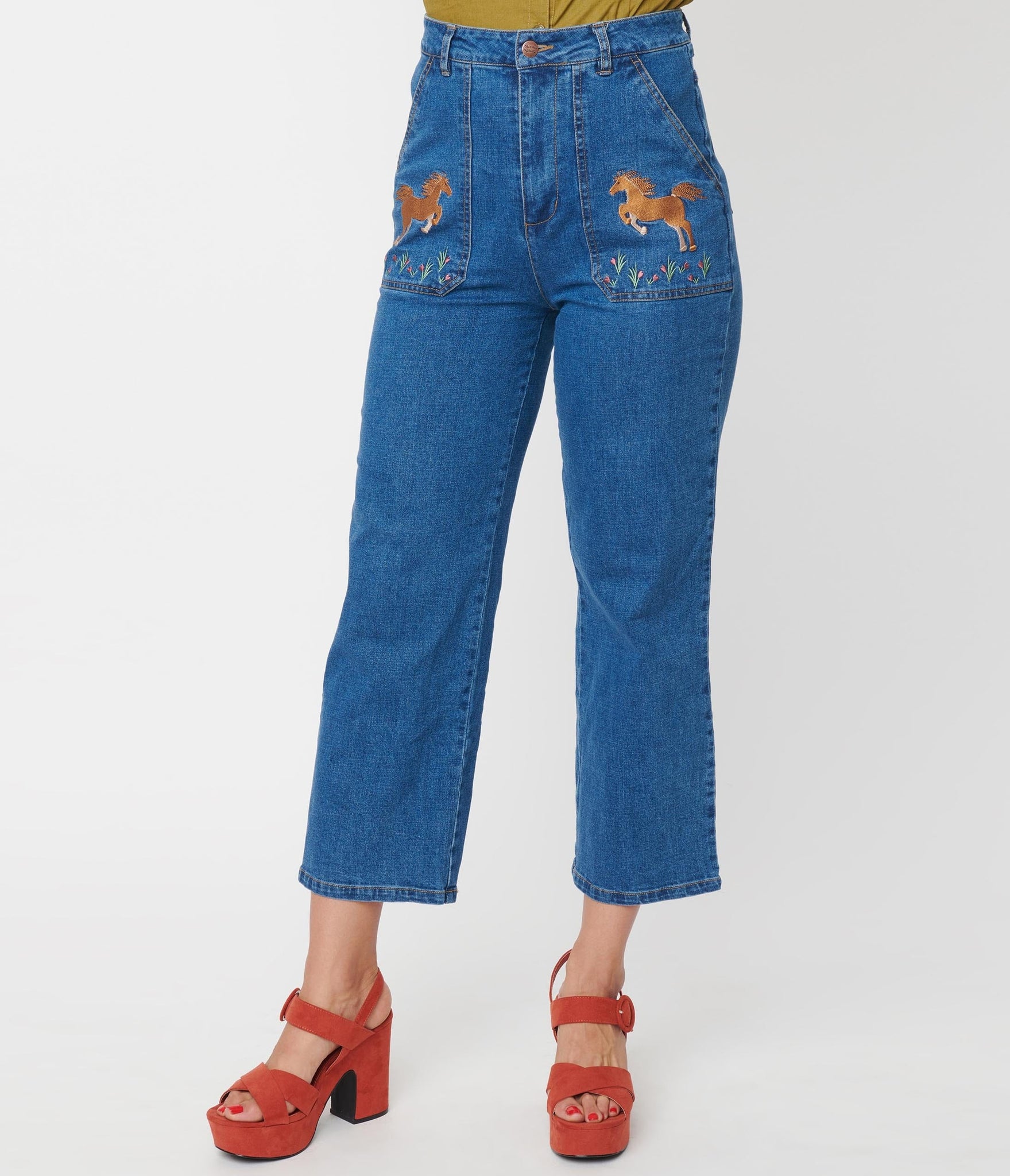 Medium Denim Wild Horses Embroidery Jeans