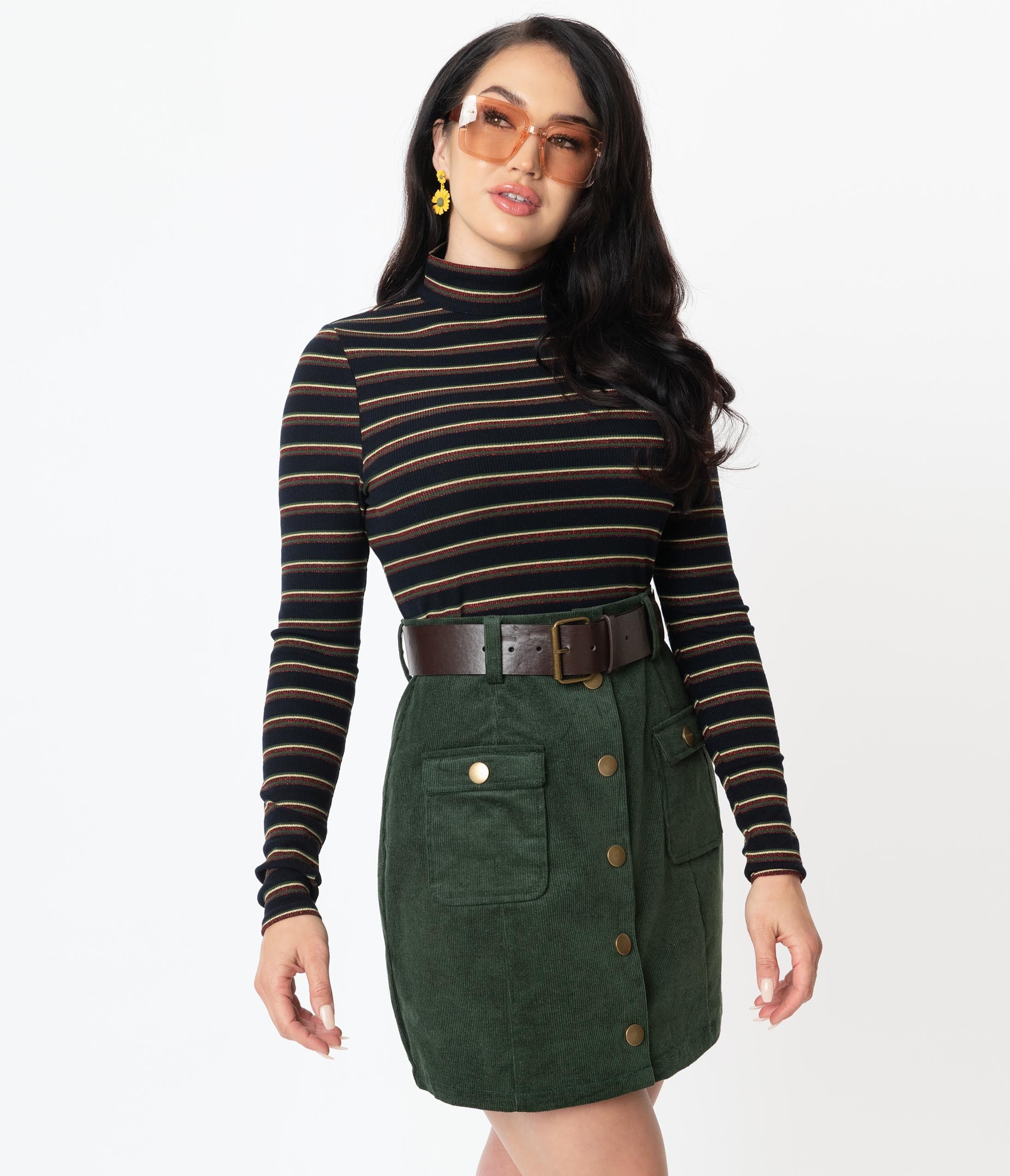 

Unique Vintage Black & Sparkle Burgundy Stripe Turtleneck Cherie Top