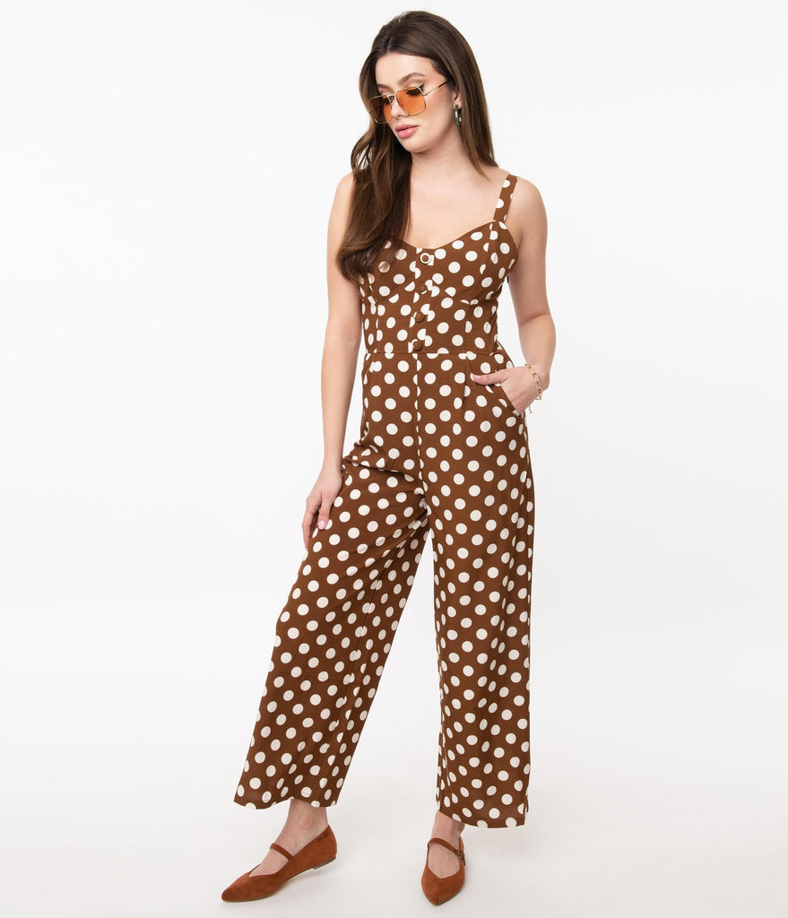 1970s Style Brown Ivory Polka Dot Print Jumpsuit Unique Vintage