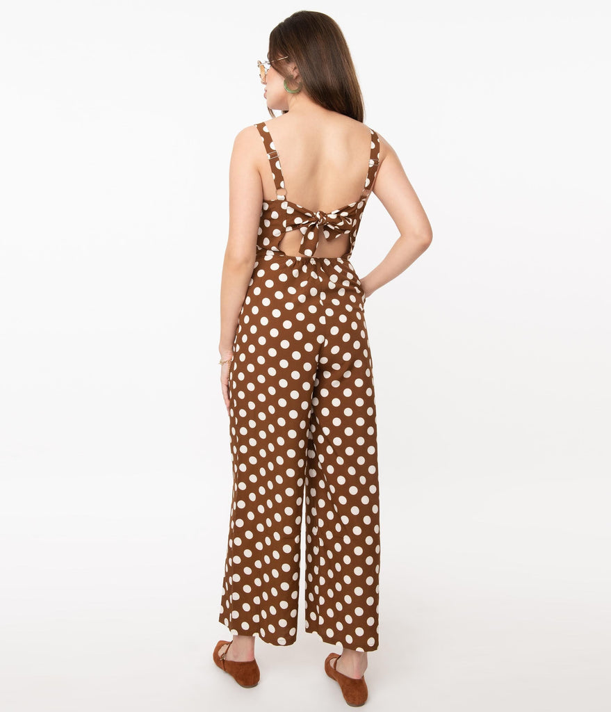 1970s Style Brown Ivory Polka Dot Print Jumpsuit Unique Vintage