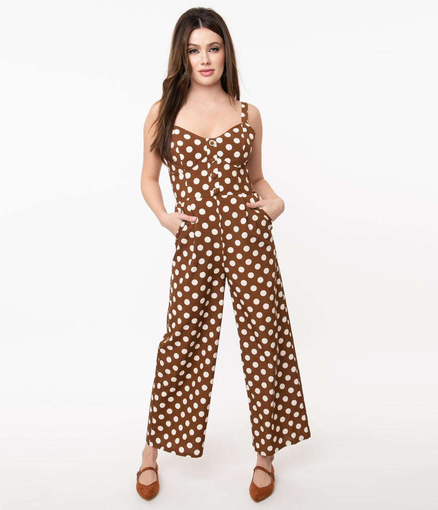 1970s Style Brown Ivory Polka Dot Print Jumpsuit Unique Vintage