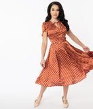 Unique Vintage Cinnamon & White Polka Dot Dahlia Swing Dress