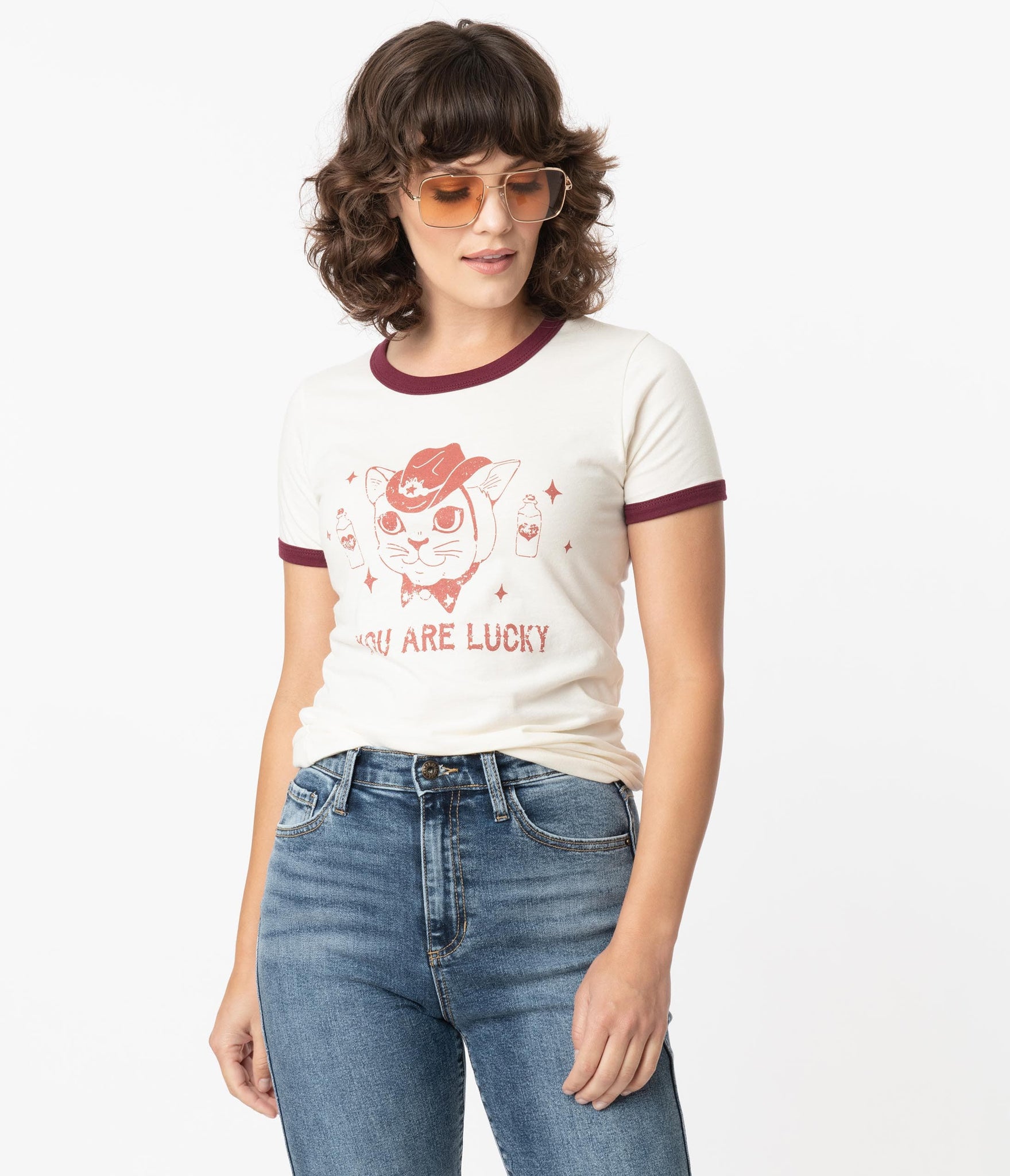 Lucky Cowboy Cat Womens Ringer Tee Shirt