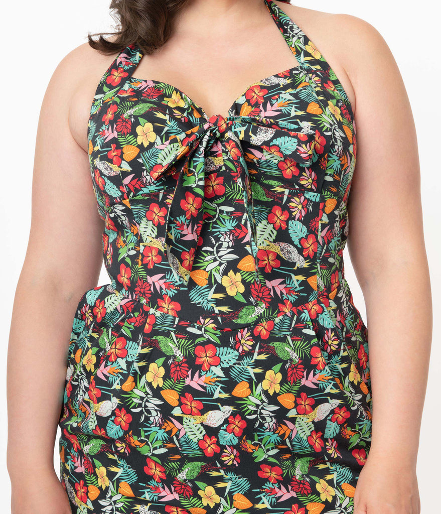 Plus Size Multicolor Tropical Floral Print Wiggle Dress – Unique Vintage