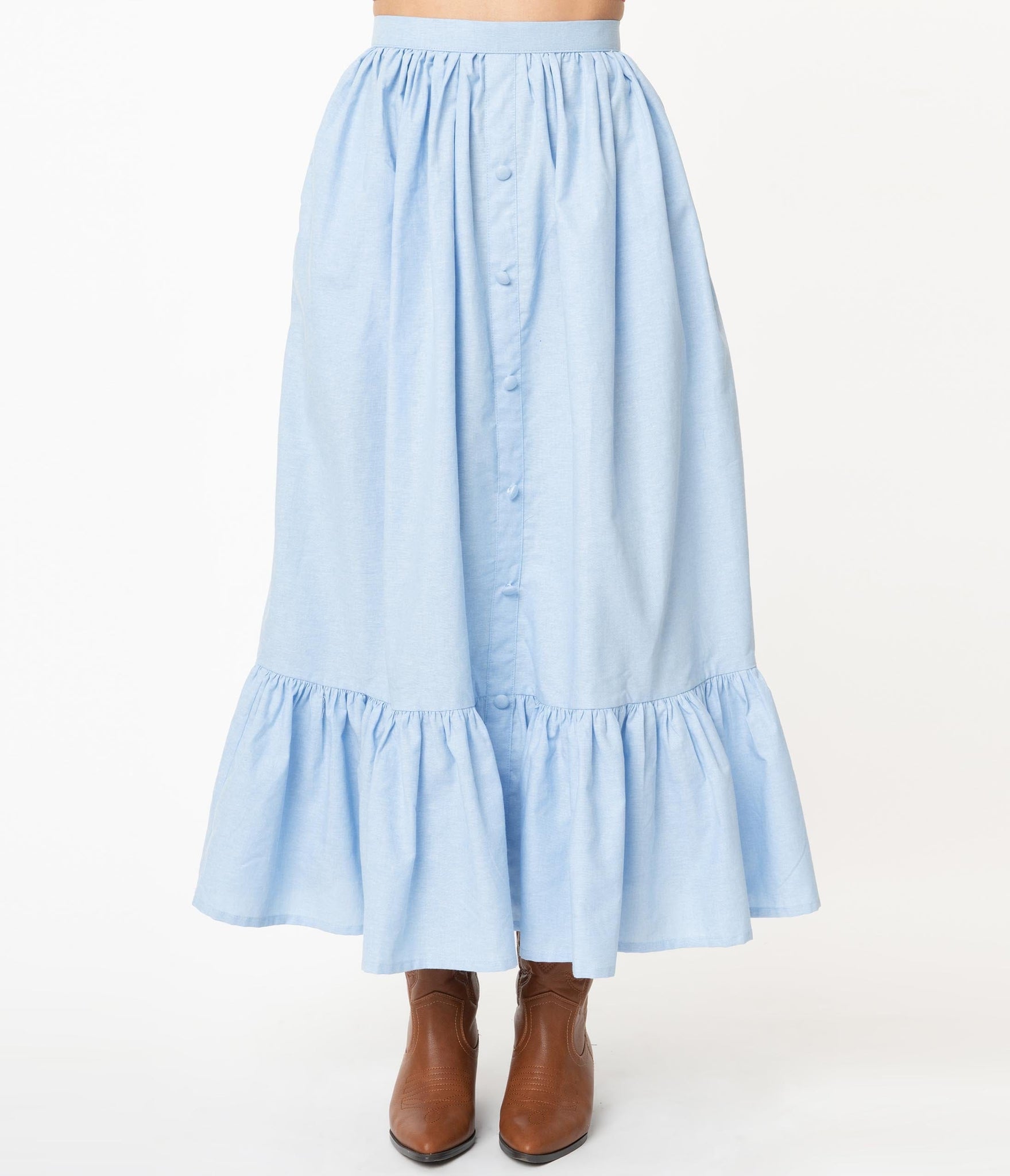Magnolia Place Western Style Chambray Maxi Skirt