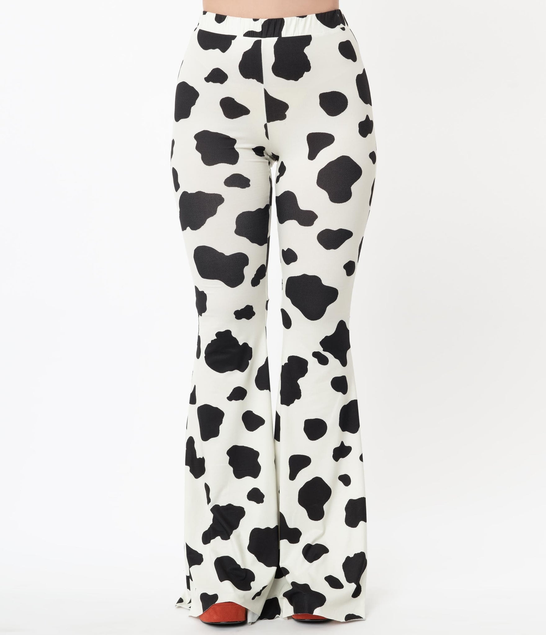 Retro Style Black & Ivory Cow Print Flare Pants