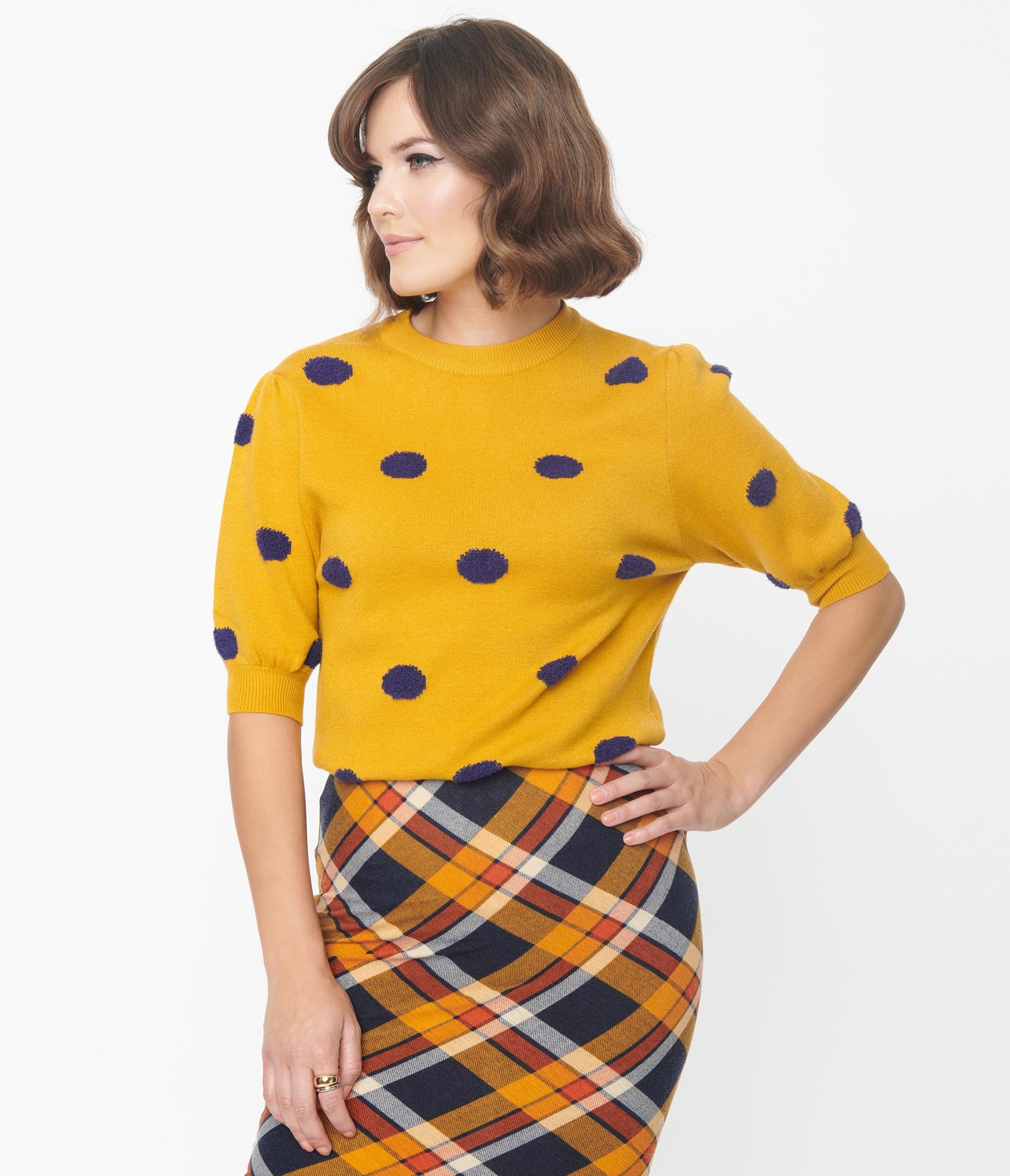 

Mustard & Navy Fuzzy Polka Dot Sweater