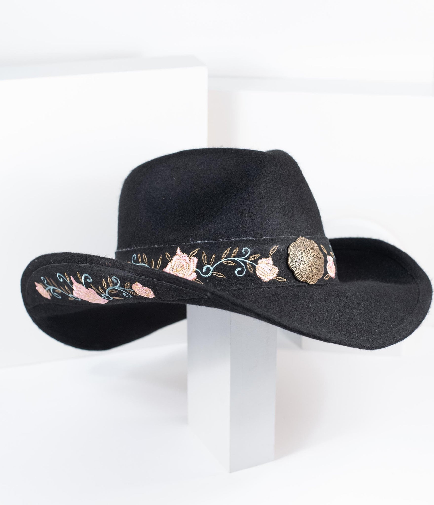 Black & Pink Floral Embroidery Wool Cowboy Hat
