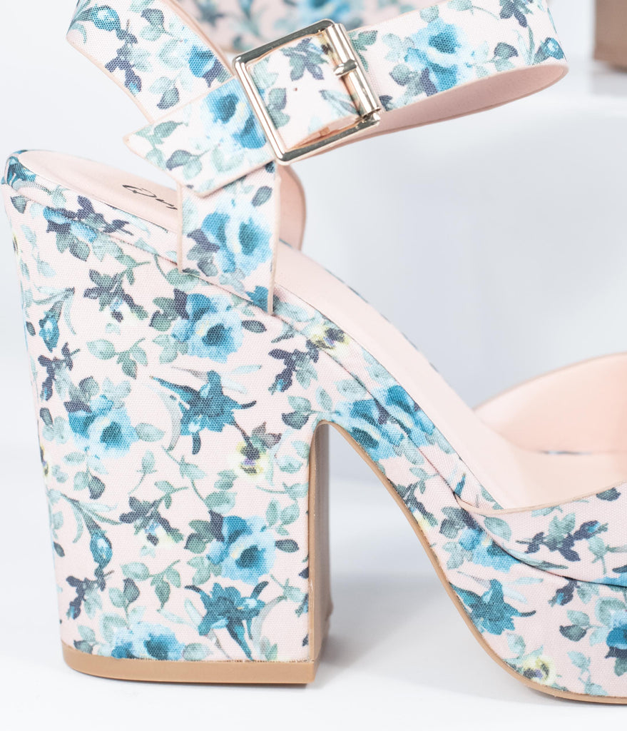 Vintage Blush & Blue Floral Peep Toe Platform Heels