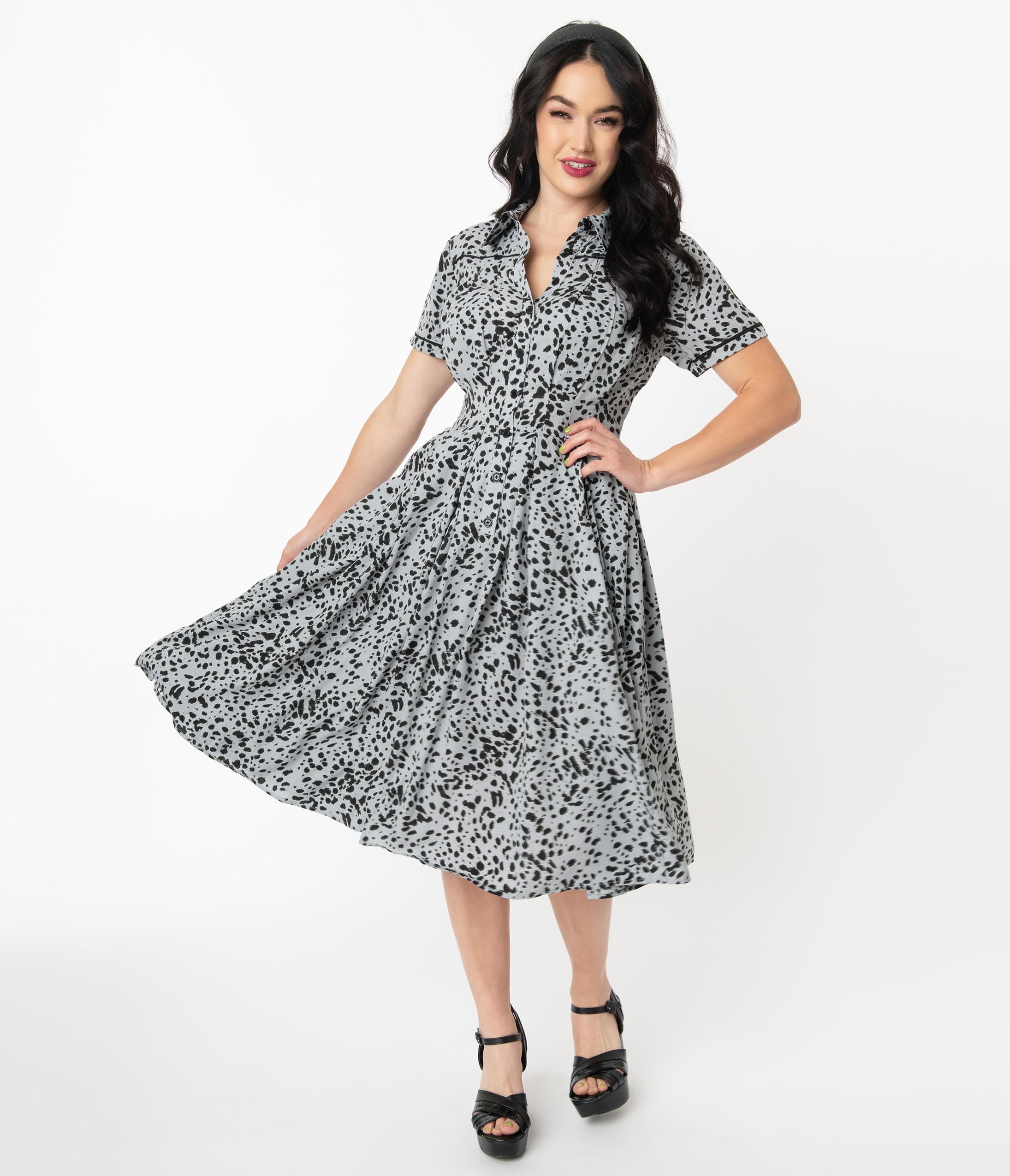 

Unique Vintage Grey & Black Spotted Print Springfield Swing Dress