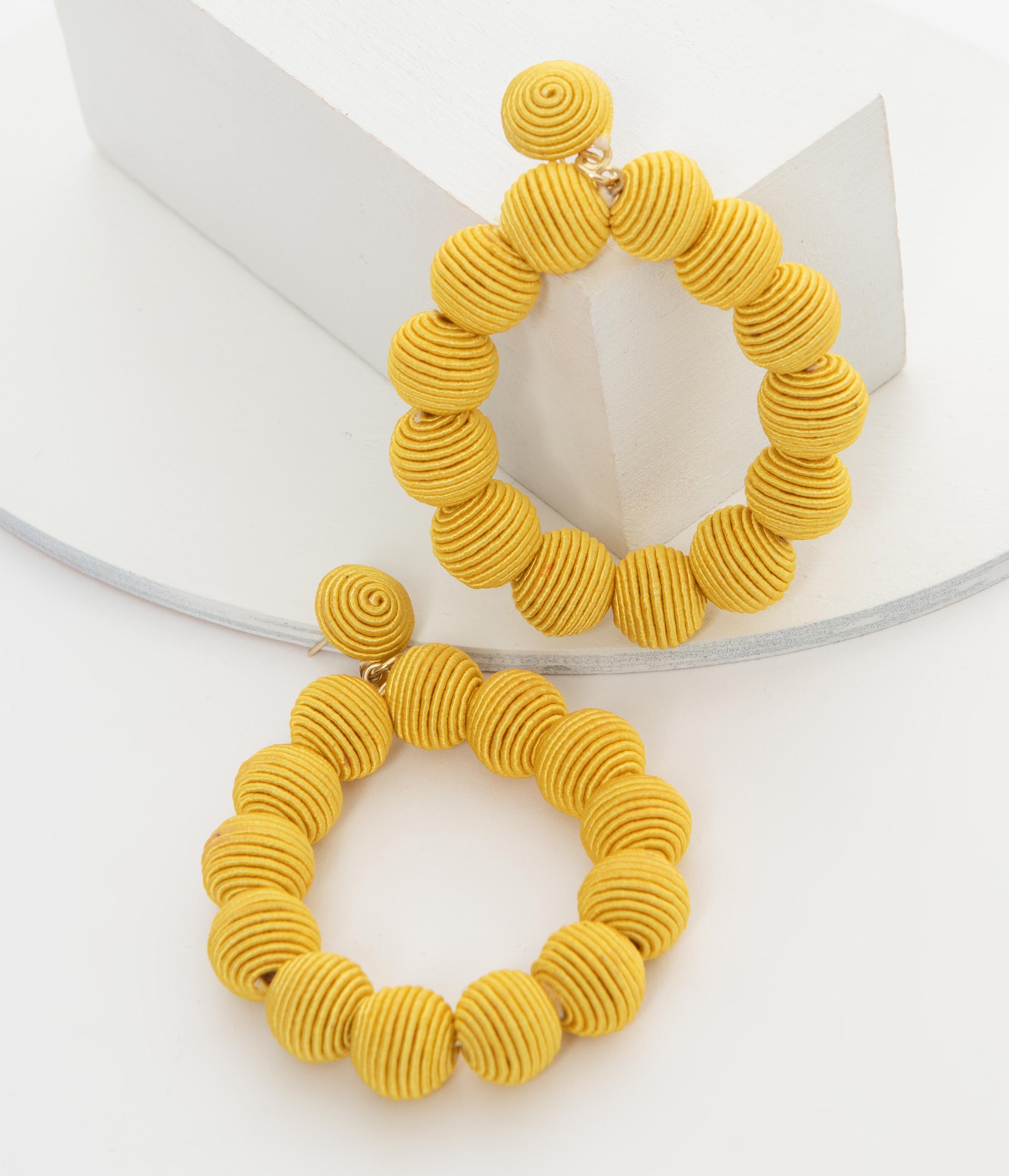 1970s Style Yellow Woven Beaded Hoop Drop Earrings