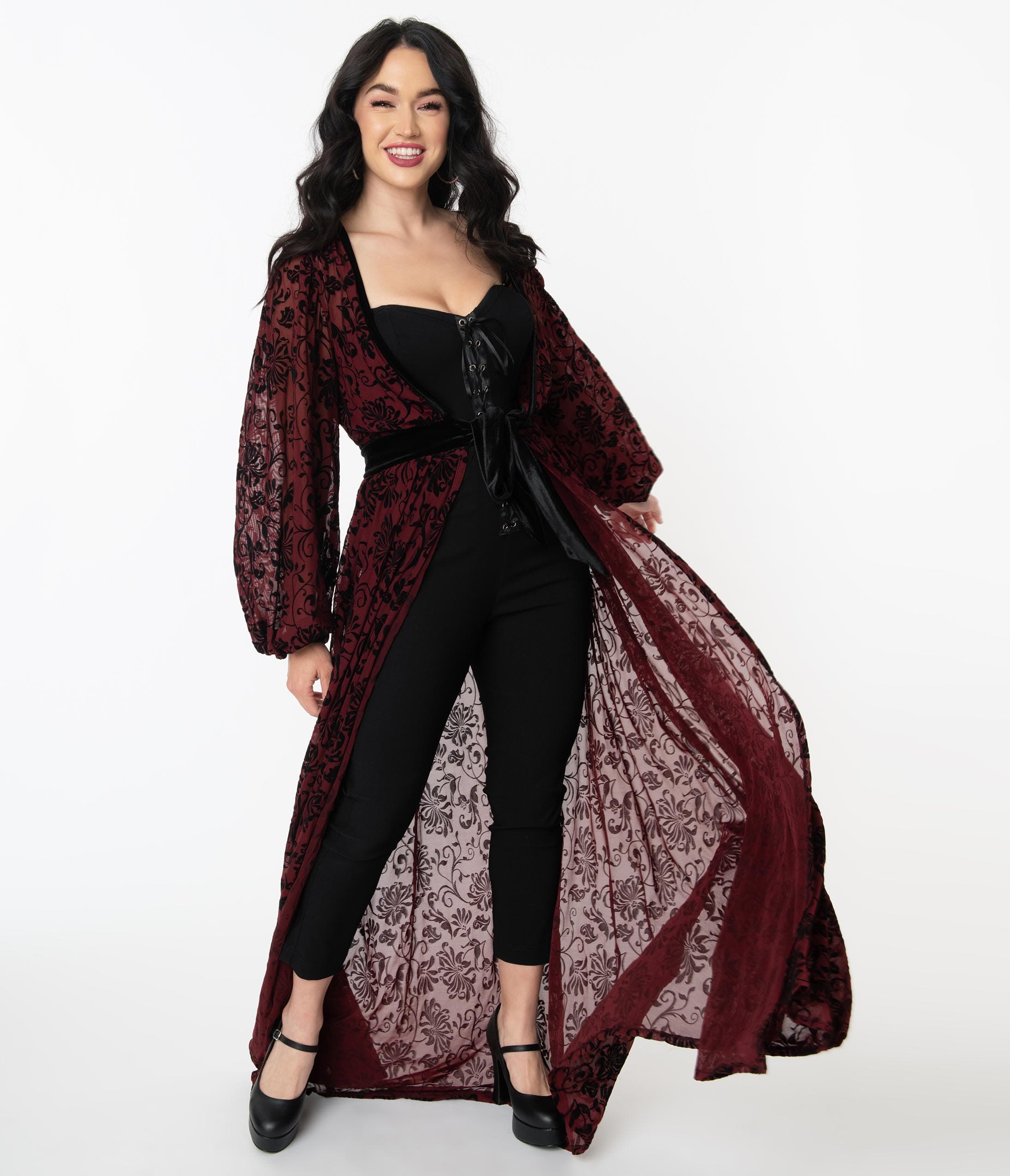 

Unique Vintage Burgundy Deco Devore Velvet Hollywood Duster