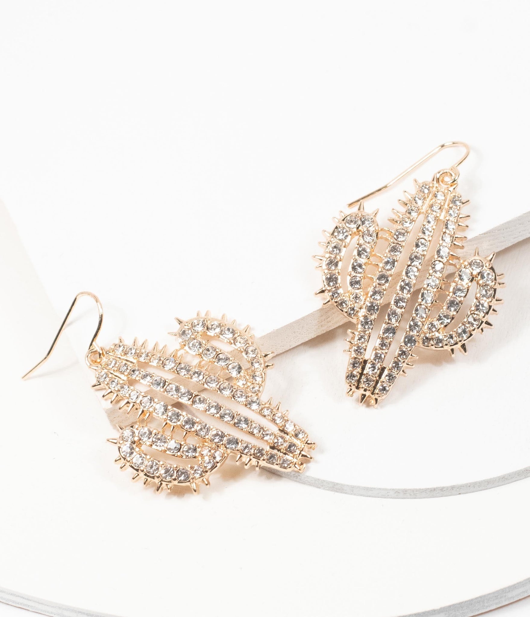 Gold & Rhinestone Cactus Earrings